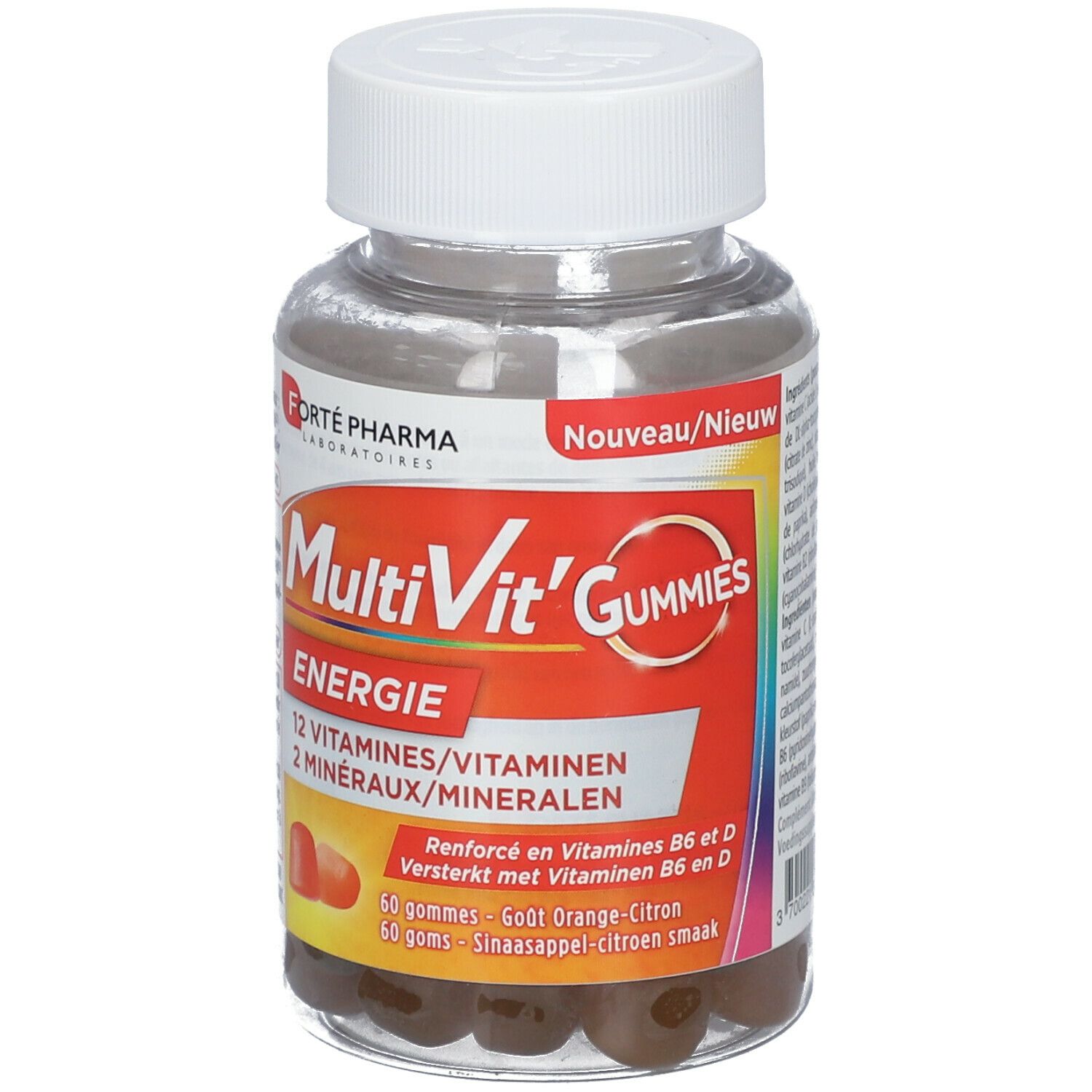 Transparante fles met witte dop. Label met 'MultiVit' Gummies Energie', 12 vitaminen en 2 mineralen. Gummies zichtbaar.
