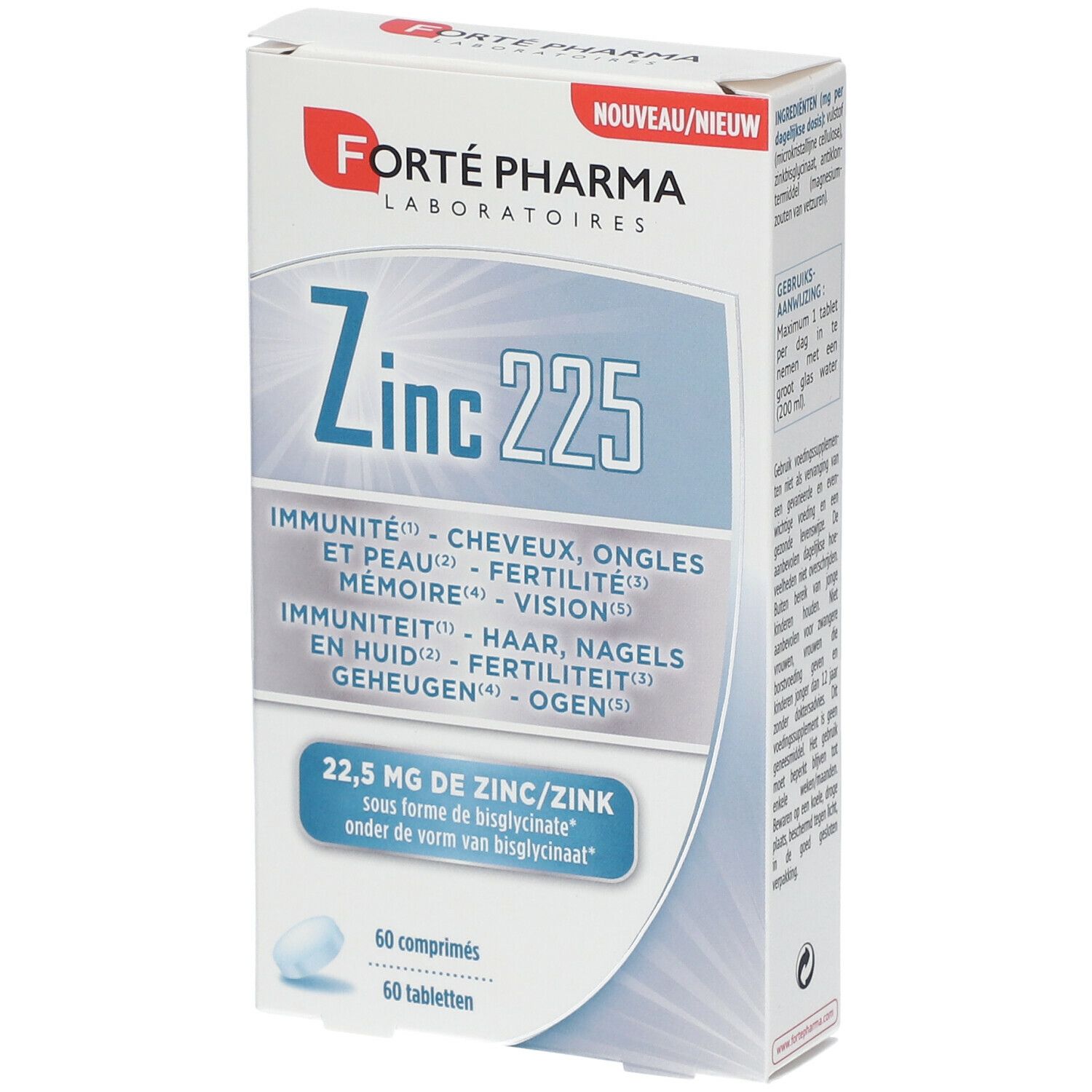 Doos van "Forté Pharma Zinc 225". Bevat 60 tabletten. Tekst in het Frans en Nederlands. "Nouveau/Nieuw" rechtsboven.
