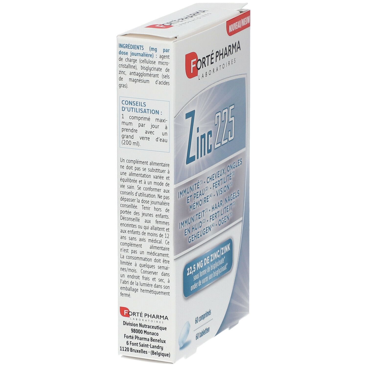 Zijaanzicht van de doos "Forté Pharma Zinc 225". Bevat informatie over ingrediënten en gebruik. Tekst in het Frans en Nederlands.