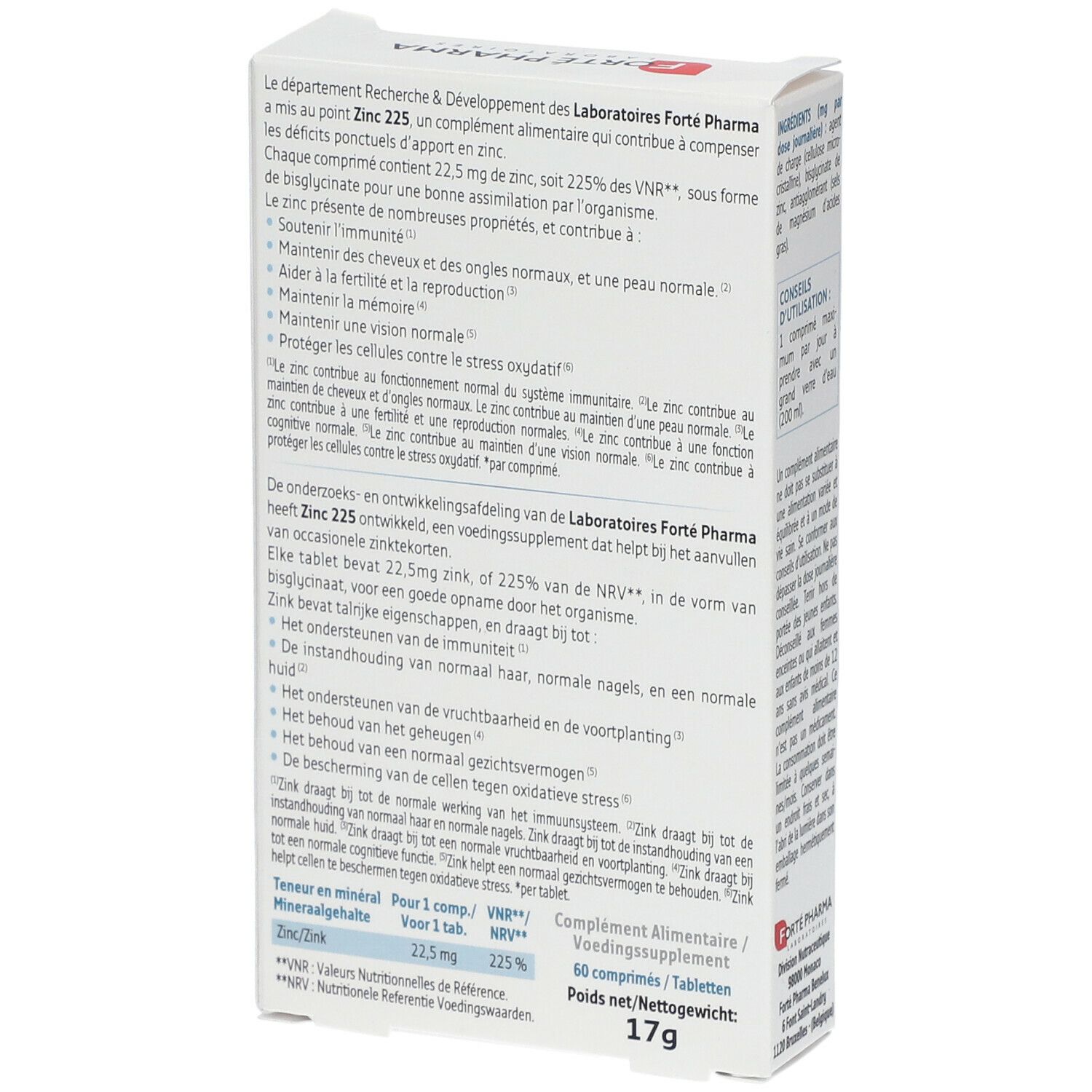 Achterkant van de doos "Forté Pharma Zinc 225". Bevat productinformatie en voedingswaarden. Tekst in het Frans en Nederlands.