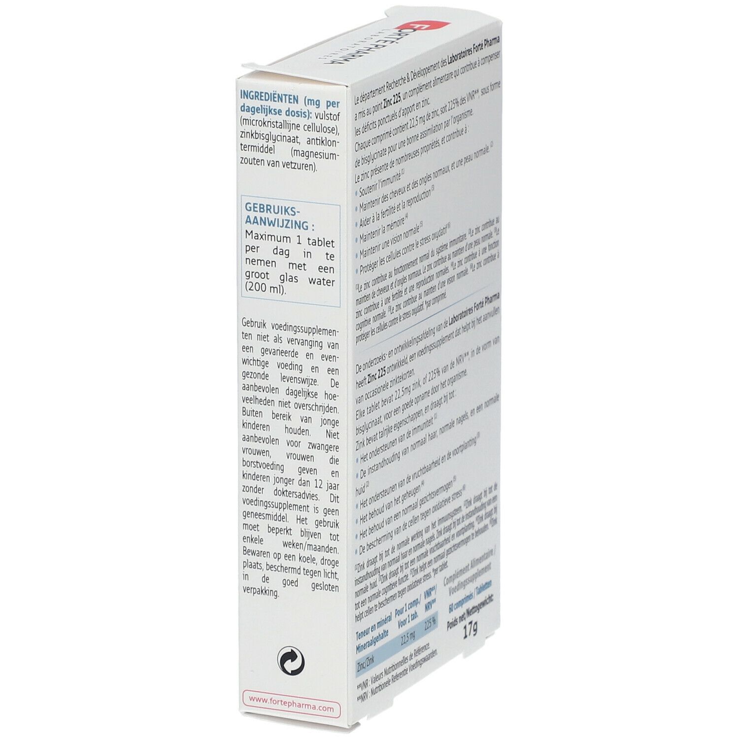 Zijaanzicht van de doos "Forté Pharma Zinc 225". Bevat informatie over ingrediënten en gebruik. Tekst in het Frans en Nederlands.