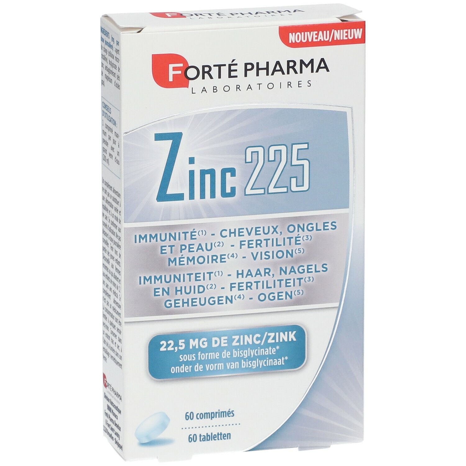 Doos van "Forté Pharma Zinc 225". Bevat 60 tabletten. Tekst in het Frans en Nederlands.