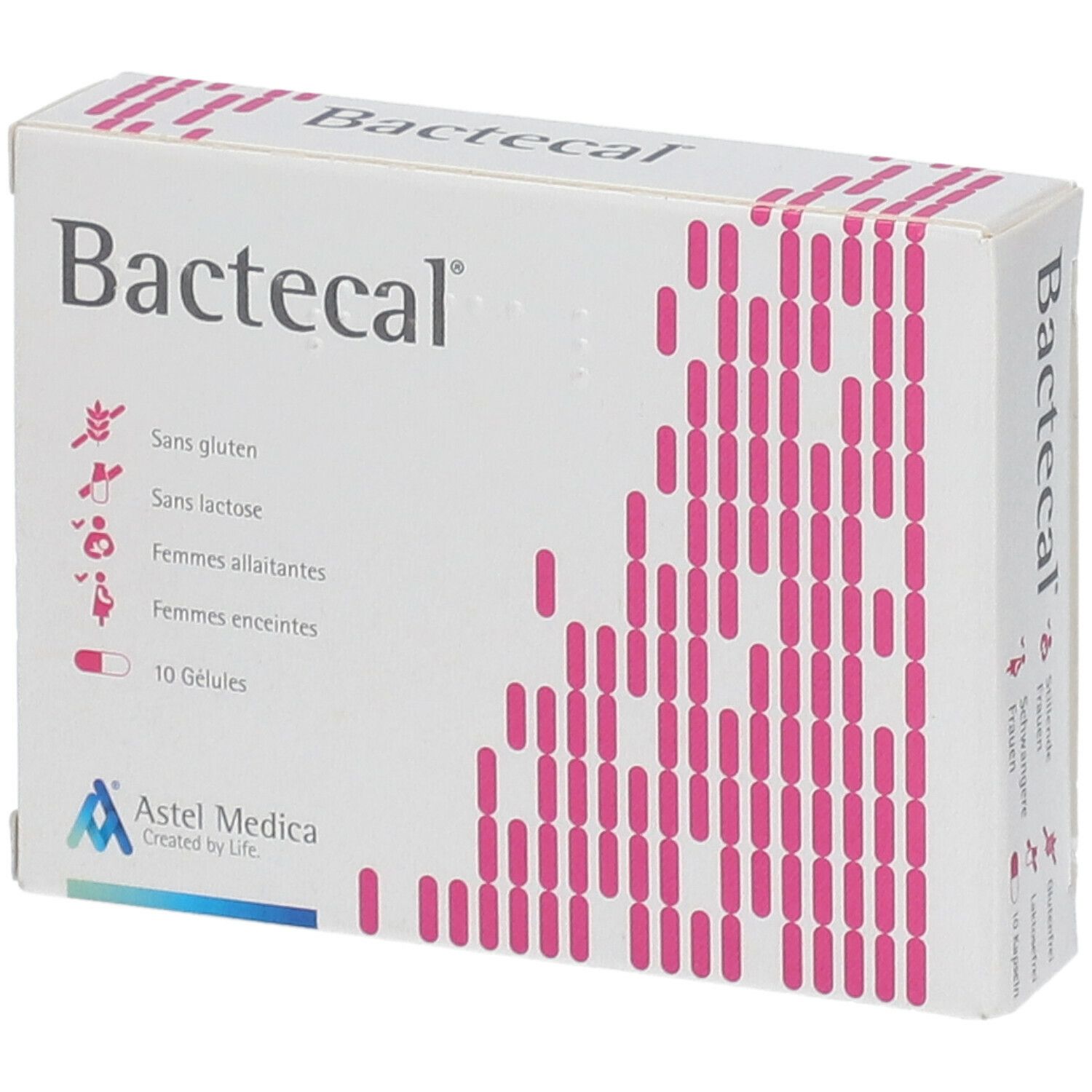 Boîte blanche "Bactecal". Motif rose, texte: sans gluten, sans lactose, femmes allaitantes, femmes enceintes, 10 gélules. Logo Astel Medica.
