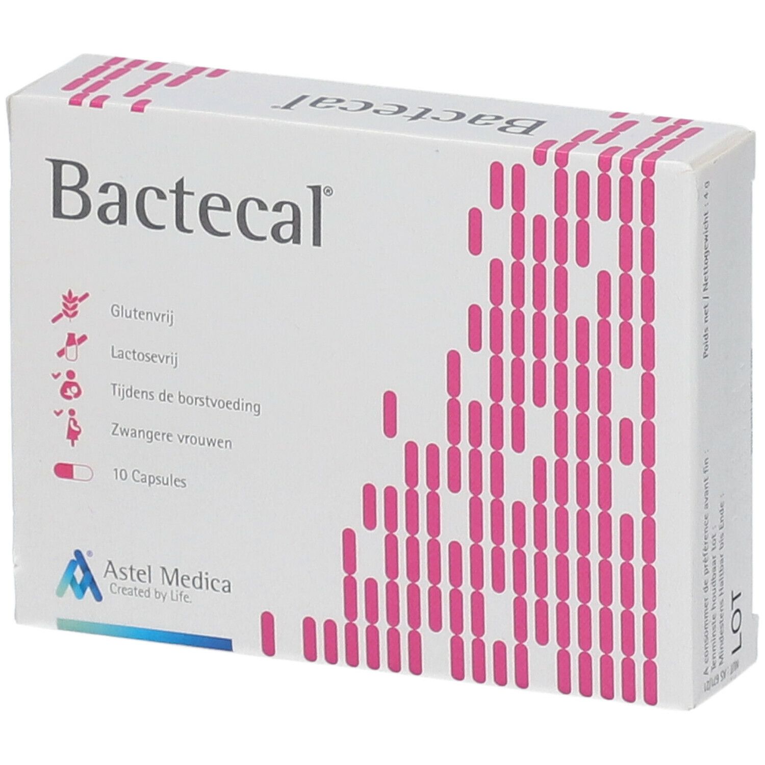 Boîte blanche "Bactecal". Motif rose, texte: sans gluten, sans lactose, femmes allaitantes, femmes enceintes, 10 gélules. Logo Astel Medica.