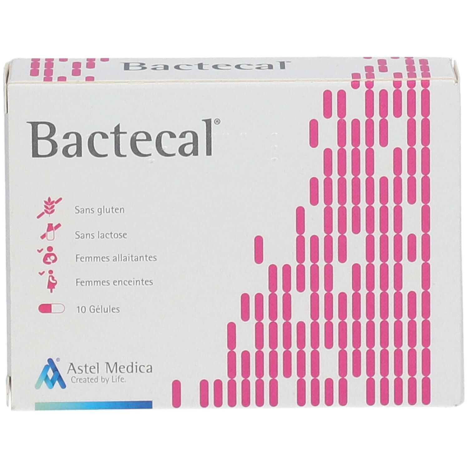 Boîte blanche "Bactecal". Motif rose, texte: sans gluten, sans lactose, femmes allaitantes, femmes enceintes, 10 gélules. Logo Astel Medica.