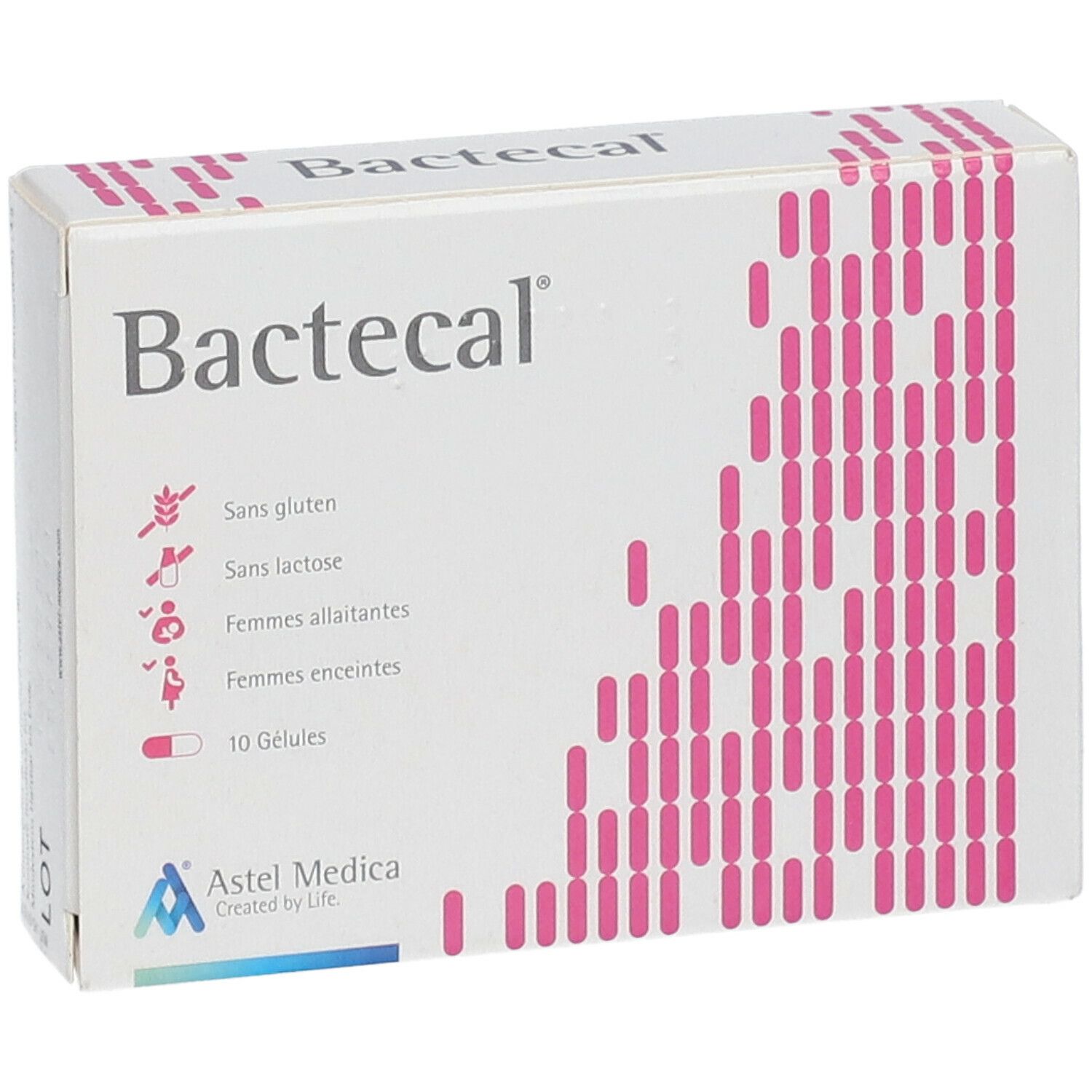 Boîte blanche "Bactecal". Motif rose, texte: sans gluten, sans lactose, femmes allaitantes, femmes enceintes, 10 gélules. Logo Astel Medica.