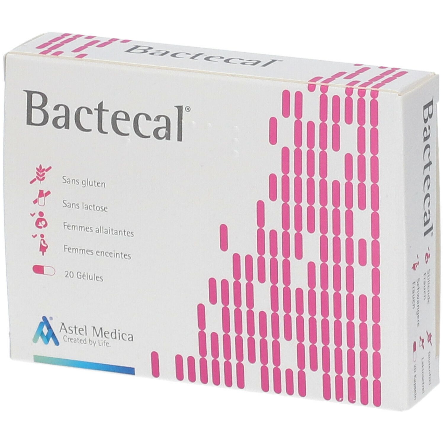 Karton mit "Bactecal"-Schriftzug. Enthält 20 Kapseln. Aufdrucke: glutenfrei, laktosefrei, für stillende und schwangere Frauen.