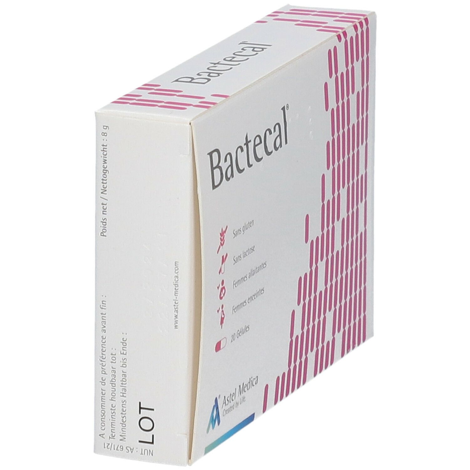 Seitenansicht der "Bactecal"-Verpackung. Aufdrucke: glutenfrei, laktosefrei, für stillende und schwangere Frauen. Logo Astel Medica.