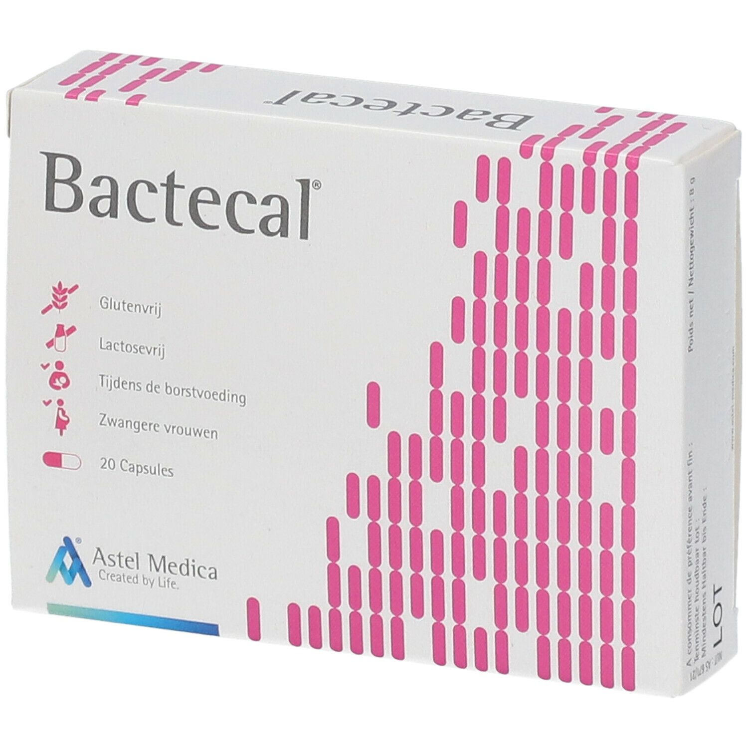 Karton mit "Bactecal"-Schriftzug. Enthält 20 Kapseln. Aufdrucke: glutenfrei, laktosefrei, für stillende und schwangere Frauen. Logo Astel Medica.
