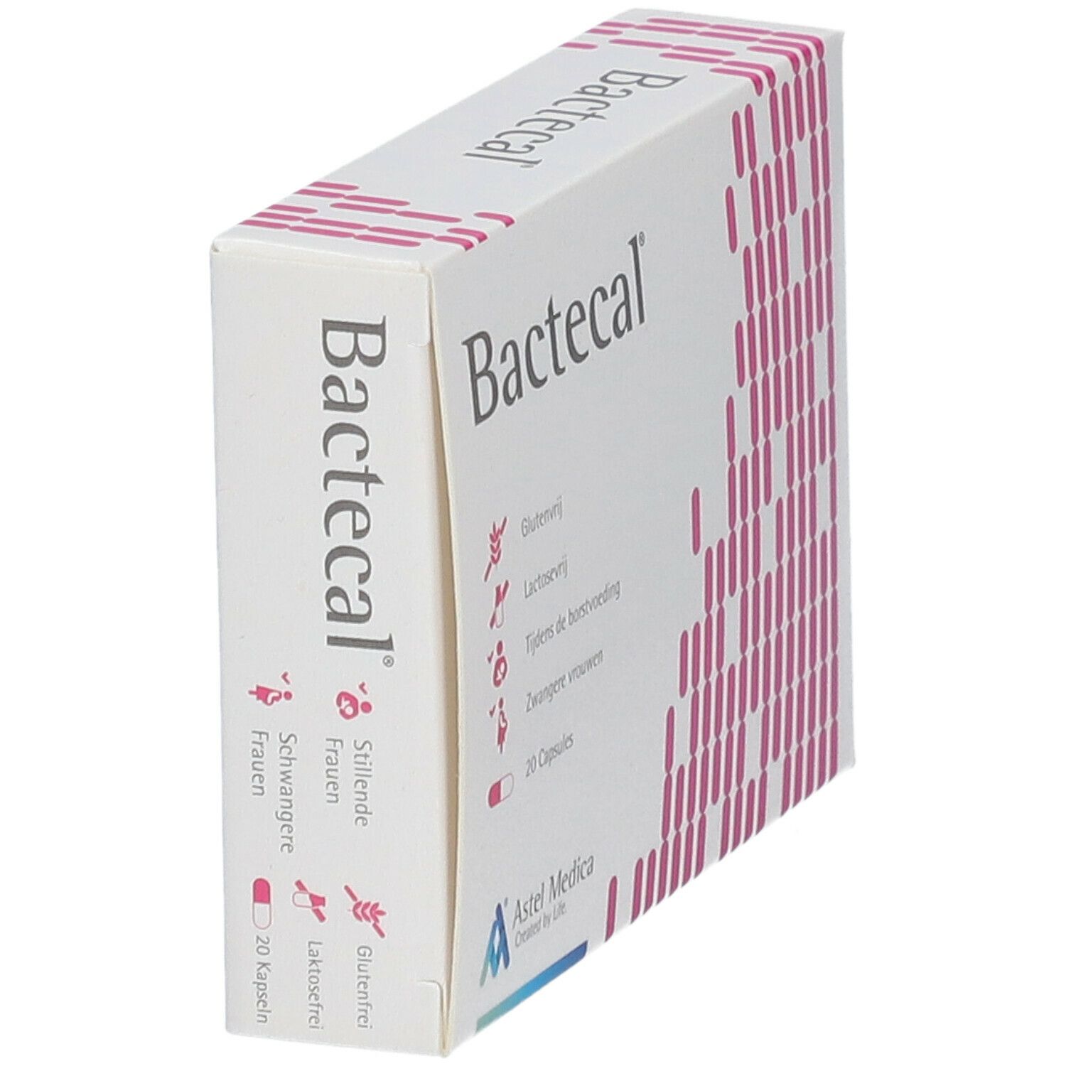 Seitenansicht der "Bactecal"-Verpackung. Aufdrucke: glutenfrei, laktosefrei, für stillende und schwangere Frauen. Logo Astel Medica.
