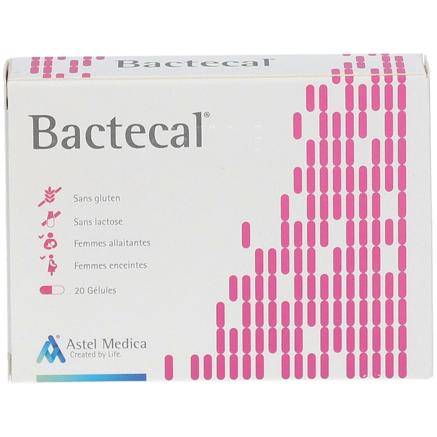 Karton mit "Bactecal"-Schriftzug. Enthält 20 Gelules. Aufdrucke: glutenfrei, laktosefrei, für stillende und schwangere Frauen. Logo Astel Medica.