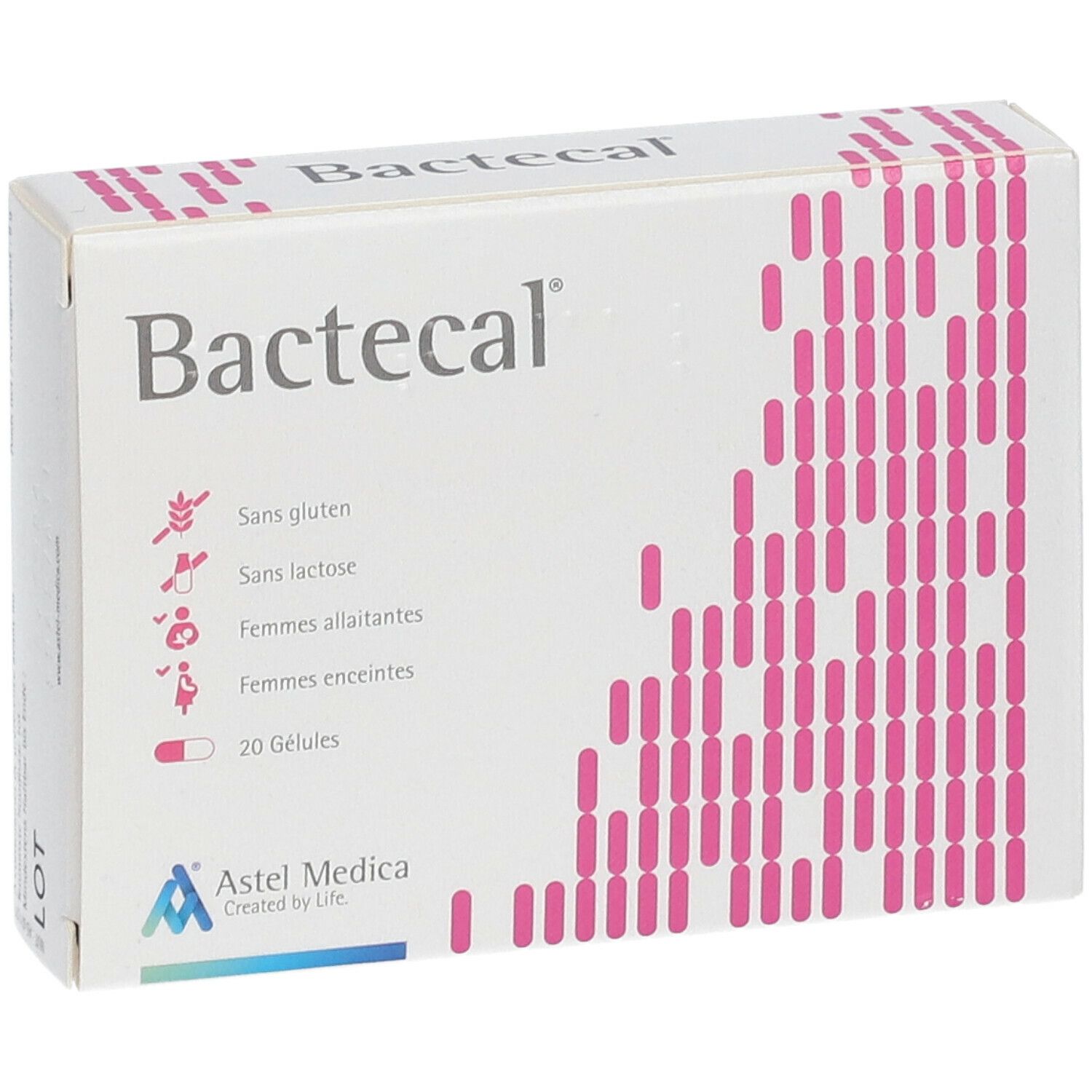 Karton mit "Bactecal"-Schriftzug. Enthält 20 Gelules. Aufdrucke: glutenfrei, laktosefrei, für stillende und schwangere Frauen. Logo Astel Medica.