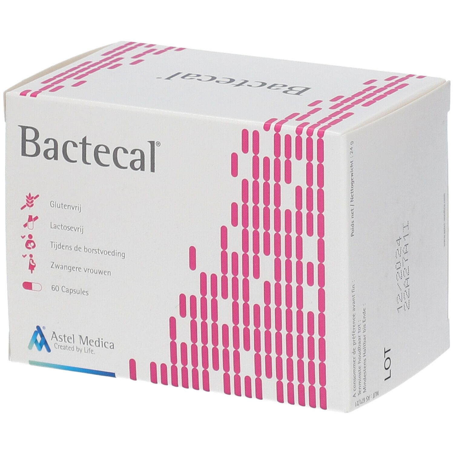 Bactecal-Verpackung. Weißer Karton mit rosa Design. Enthält 60 Kapseln. Astel Medica Logo.