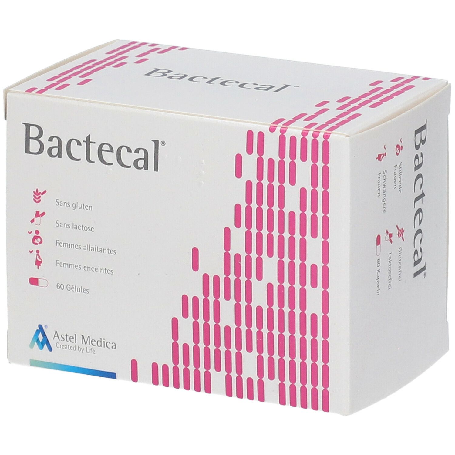Bactecal-Verpackung. Weißer Karton mit rosa Design. Enthält 60 Gelées. Astel Medica Logo.