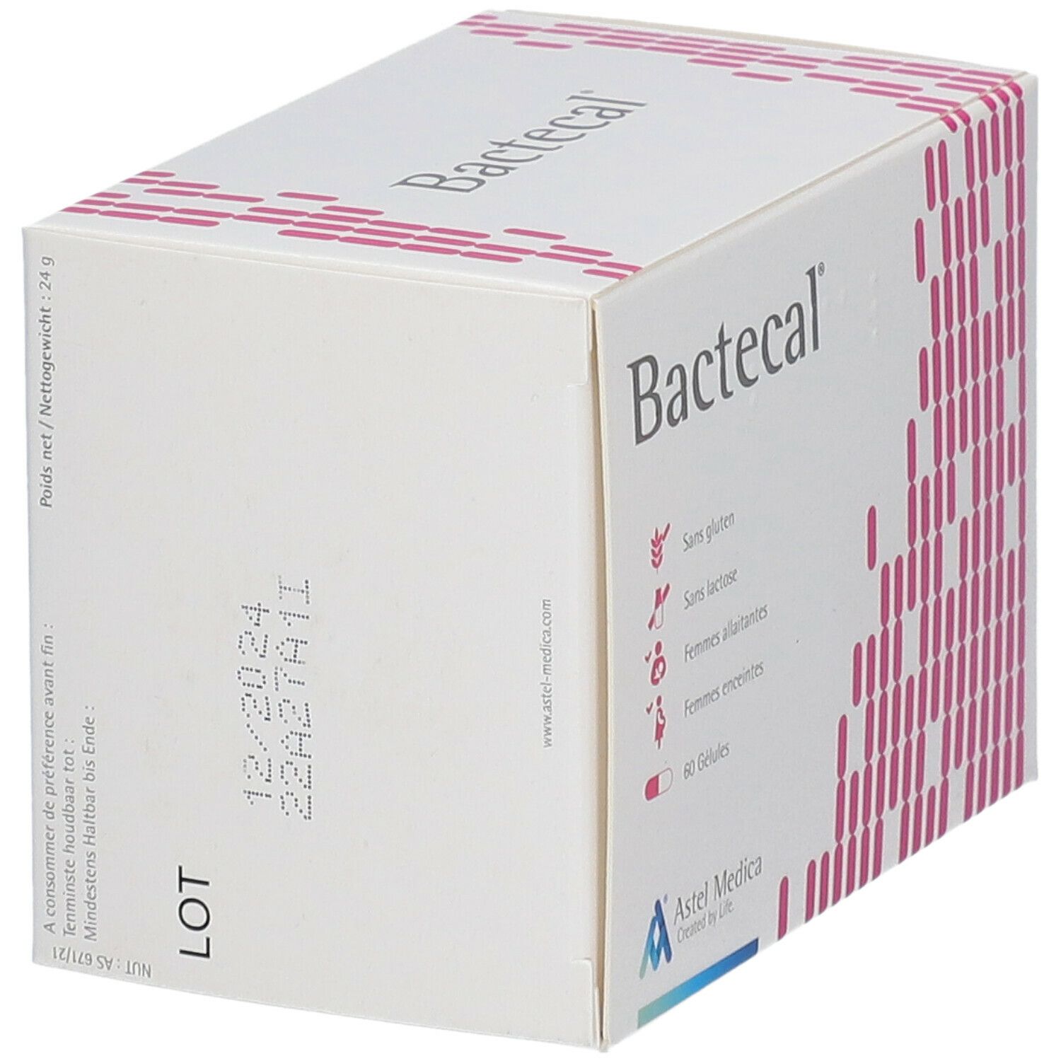 Bactecal-Verpackung, weiß mit rosa Design. Enthält 60 Gelées. Astel Medica Logo. Mindestens haltbar bis 12/2024.