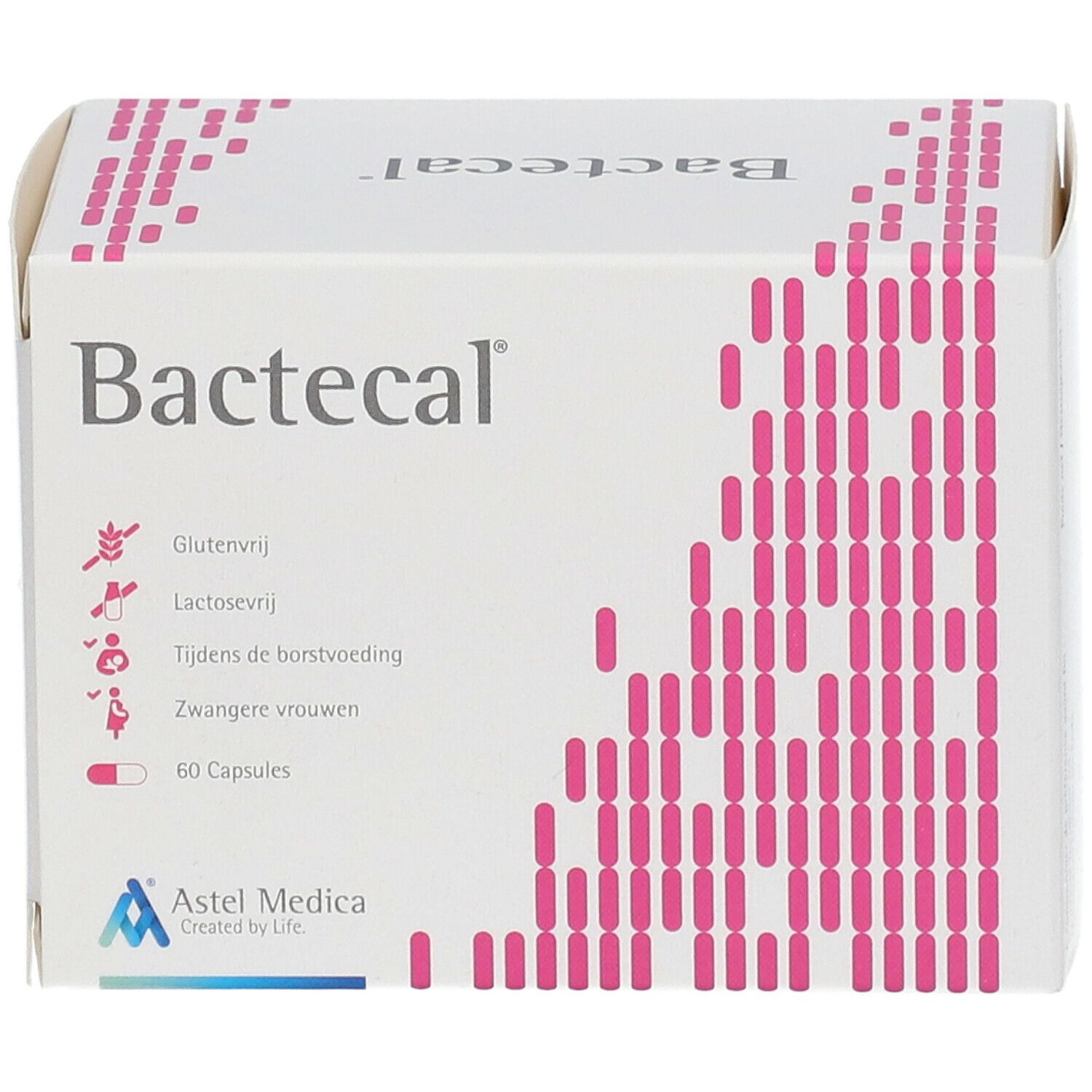 Bactecal-Verpackung. Weißer Karton mit rosa Design. Enthält 60 Kapseln. Astel Medica Logo.