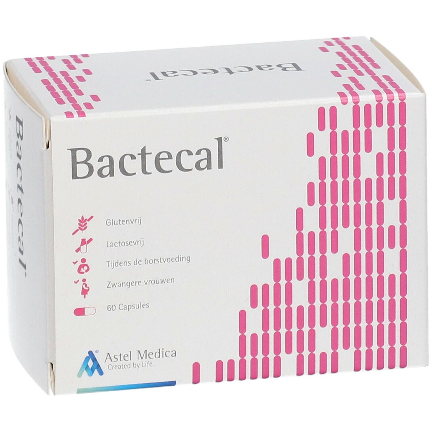 Bactecal-Verpackung. Weißer Karton mit rosa Design. Enthält 60 Kapseln. Astel Medica Logo.