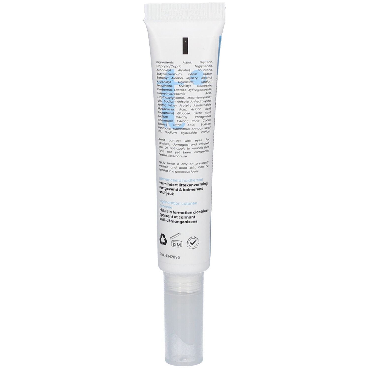 Rückseite der Tinge Advanced Skin Repair & Soothing Cream Tube mit Inhaltsstoffen.