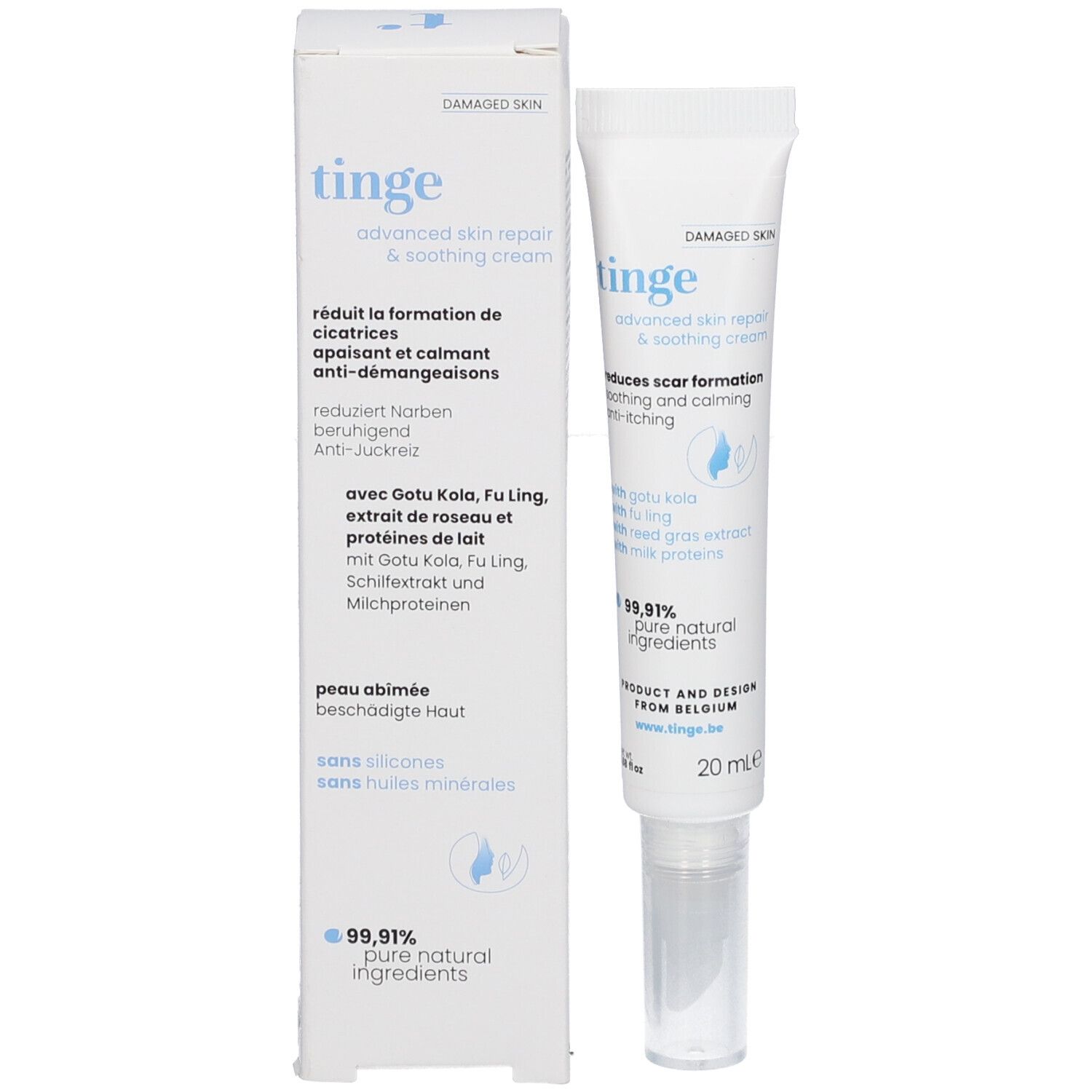 Tinge Advanced Skin Repair & Soothing Cream Tube und Faltschachtel. Französische Beschriftung.