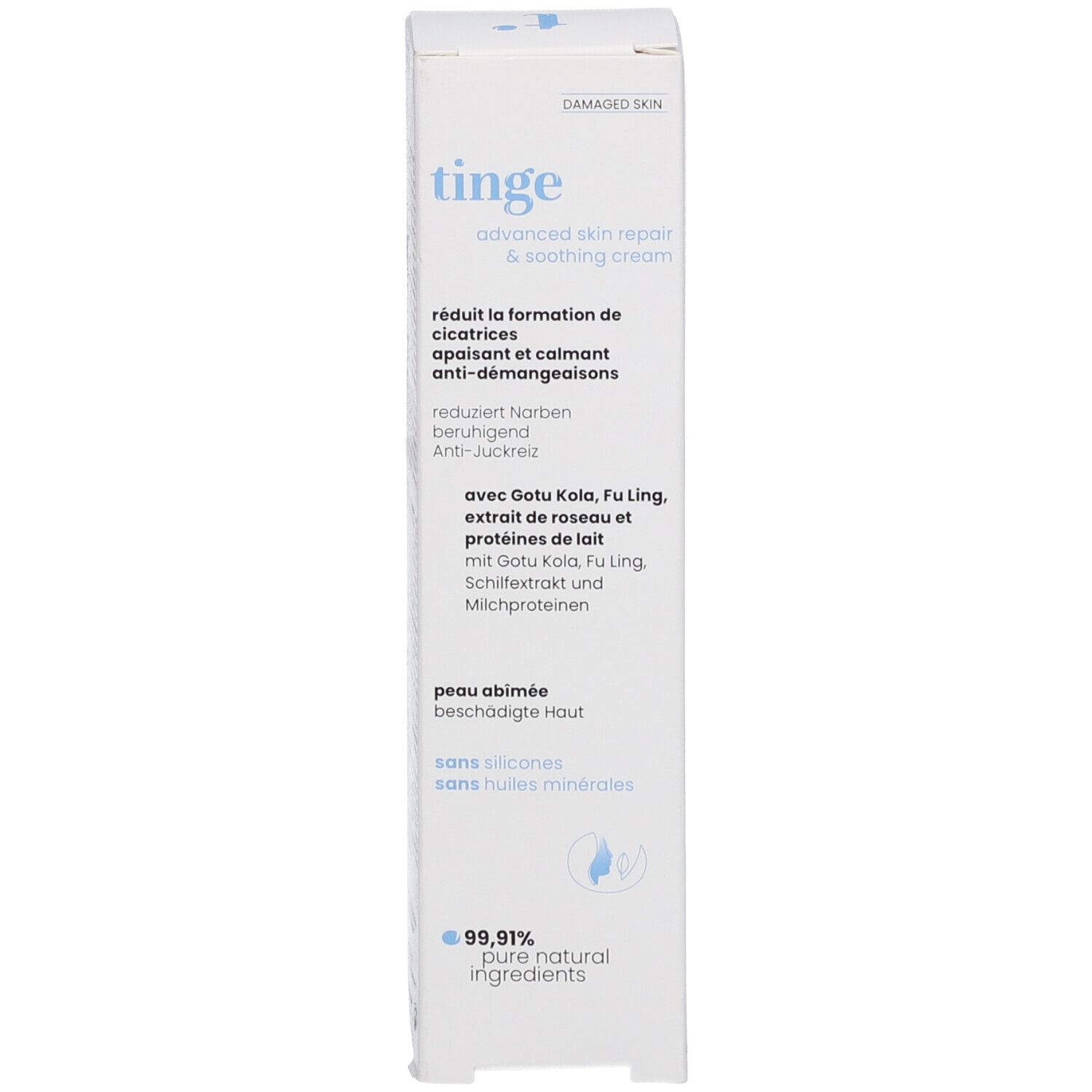 Faltschachtel Tinge Advanced Skin Repair & Soothing Cream. Französische Beschriftung.