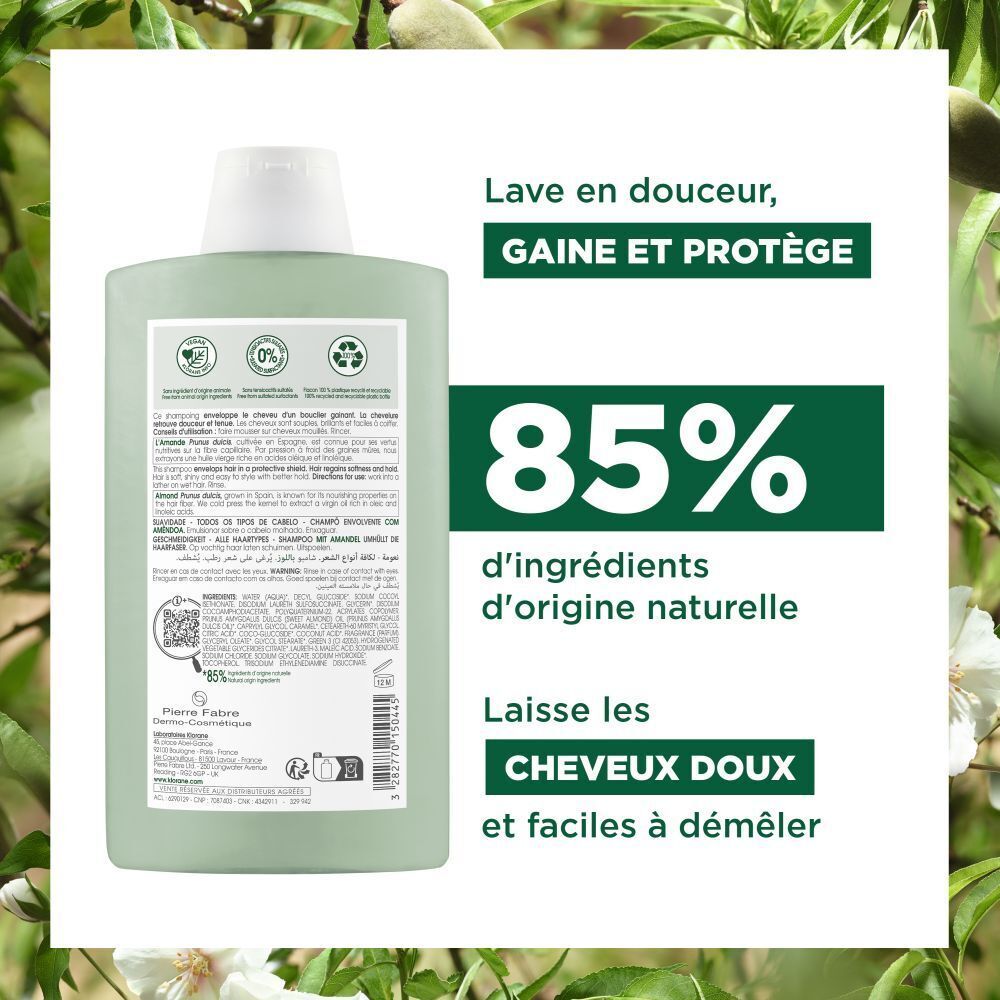 Dos du flacon de shampooing KLORANE à l'amande. Texte et logos sur fond vert. Bouchon blanc.