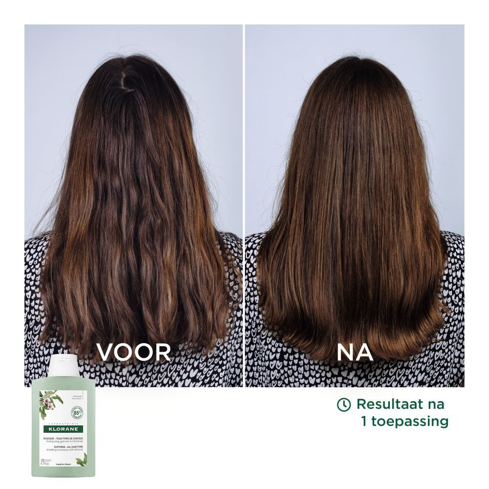 Vergelijking voor/na. Haar voor en na gebruik van KLORANE amandelshampoo. Resultaten na 1 toepassing.