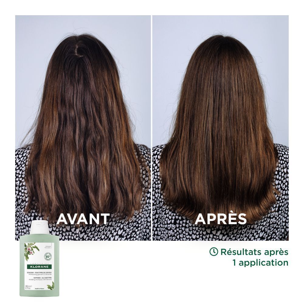 Dos du flacon de shampooing KLORANE à l'amande. Texte et logos sur fond vert. Bouchon blanc.