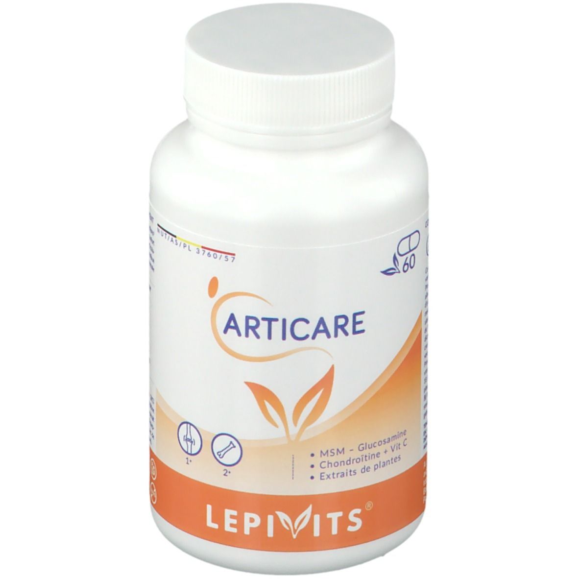 Witte fles met capsules. Opschrift ARTICARE, LEPIVITS. Bevat MSM, glucosamine, chondroïtine, Vit C en plantenextracten. 60 capsules.