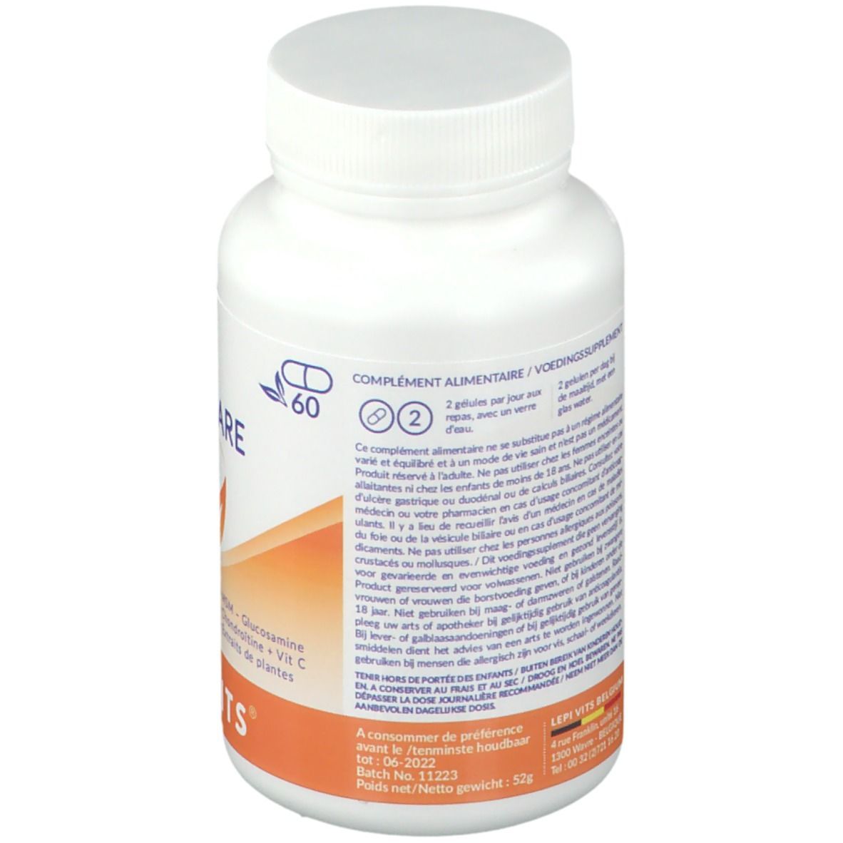 Achterkant van de witte fles met capsules. Tekstinformatie, waaronder dosering, ingrediënten en adres van de fabrikant. Oranje strook onderaan.