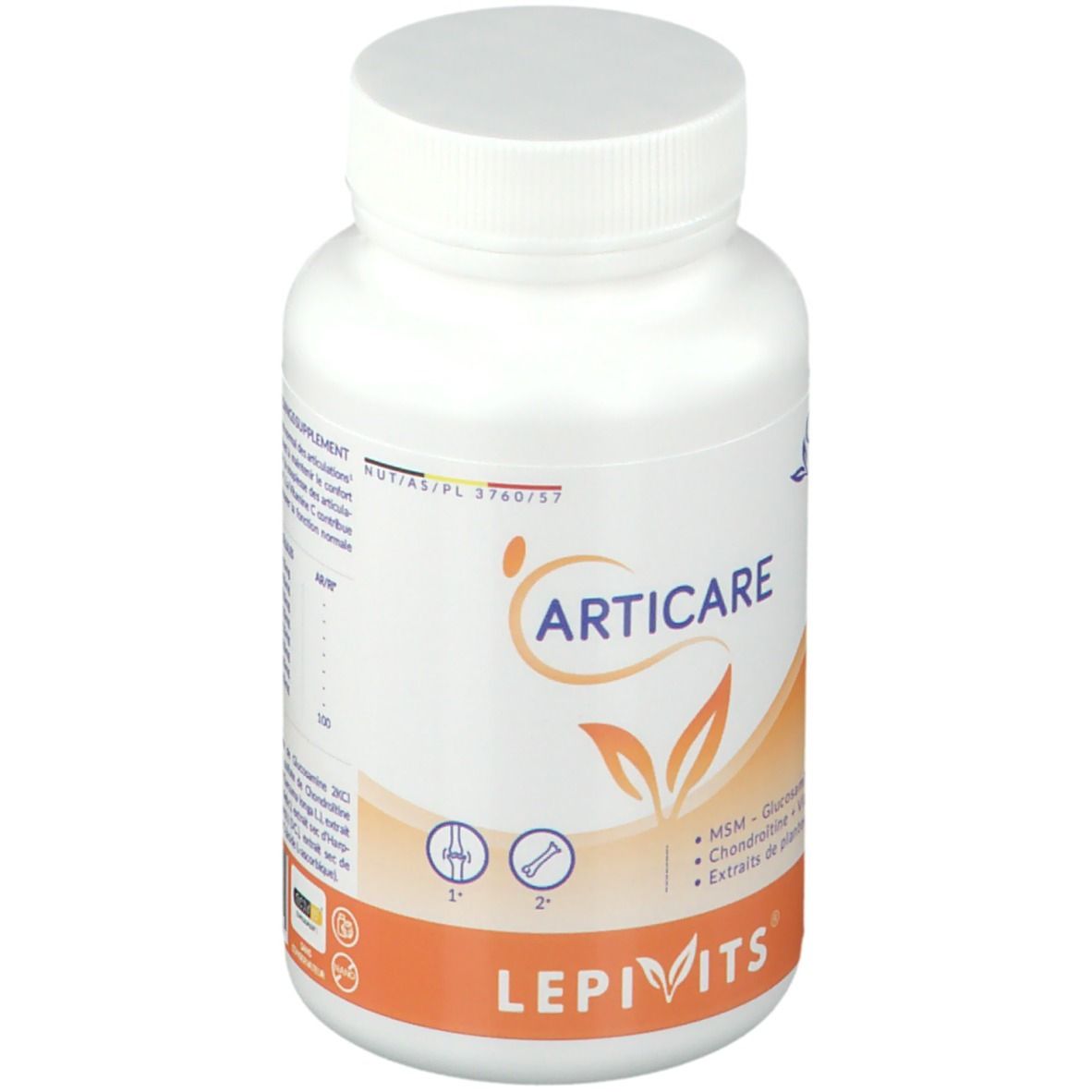Witte fles met capsules. Opschrift ARTICARE, LEPIVITS. Bevat MSM, glucosamine, chondroïtine, Vit C en plantenextracten. 60 capsules.