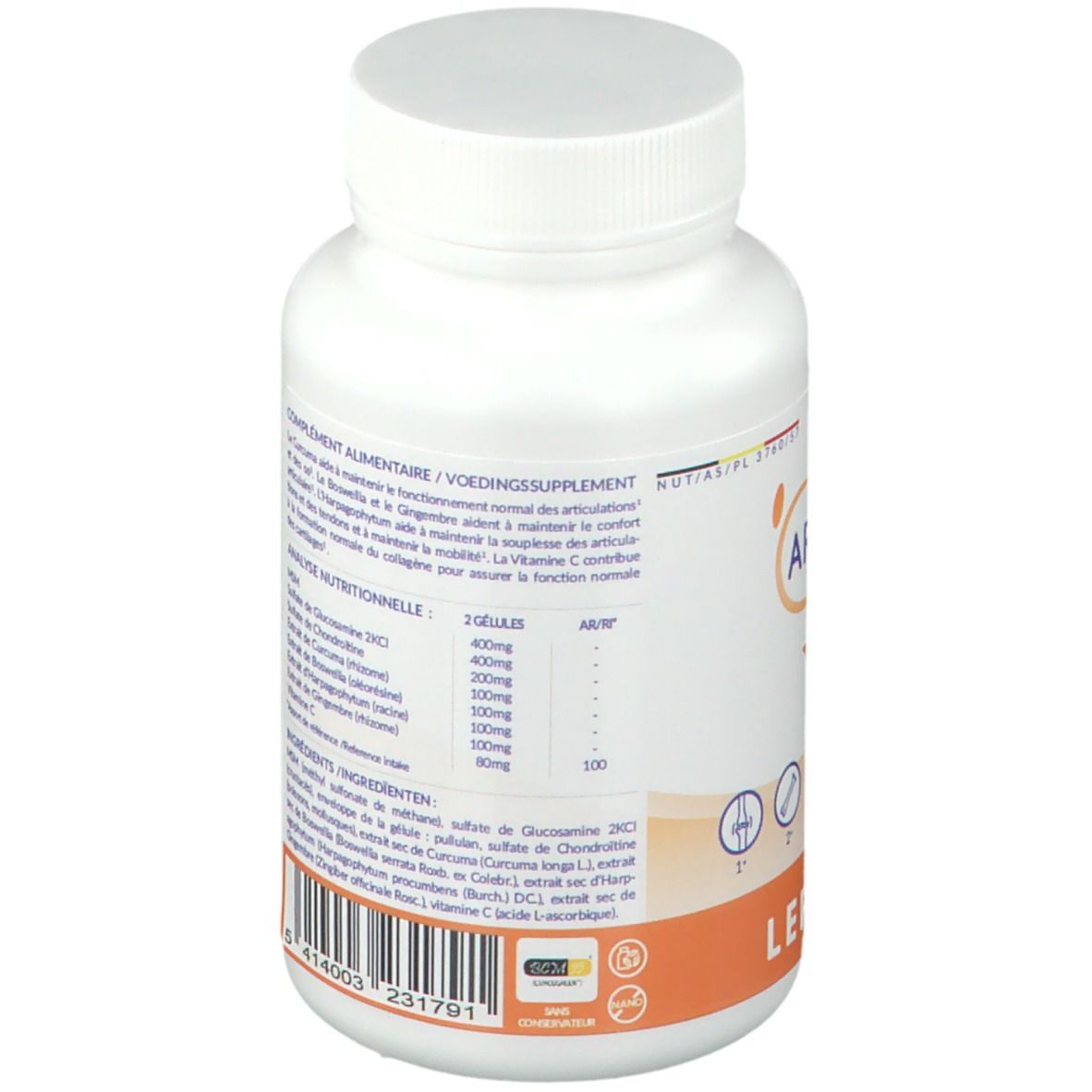 Achterkant van de witte fles met capsules. Tekstinformatie, waaronder dosering, ingrediënten en adres van de fabrikant. Oranje strook onderaan.