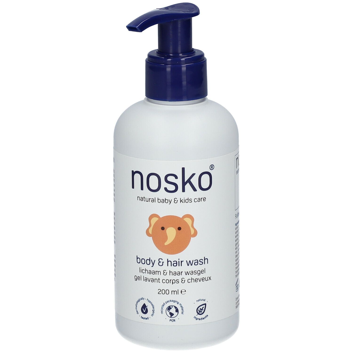 Witte fles met blauwe pomp. Opschrift: nosko®, body & hair wash, 200 ml e. Met illustratie van een olifant.