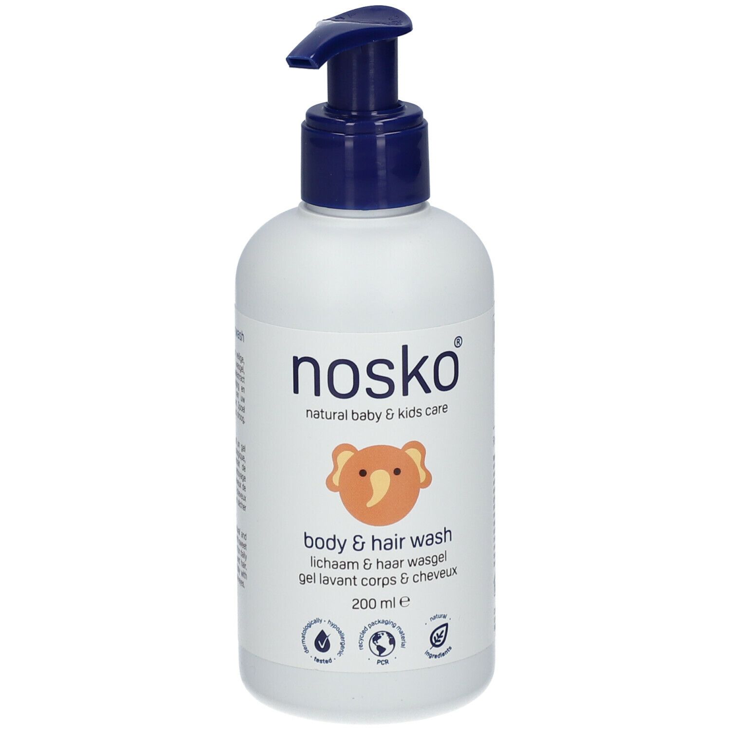Witte fles met blauwe pomp. Opschrift: nosko®, body & hair wash, 200 ml e. Met illustratie van een olifant.