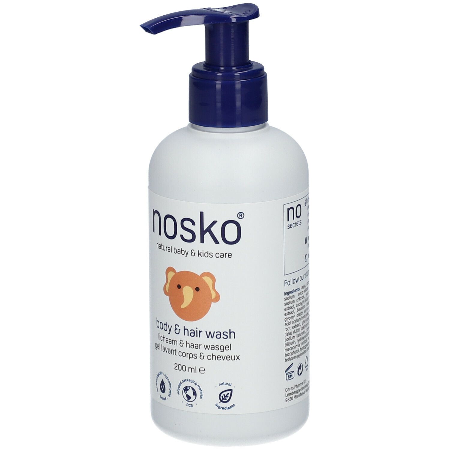 Witte fles met blauwe pomp. Opschrift: nosko®, body & hair wash, 200 ml e. Met illustratie van een olifant.