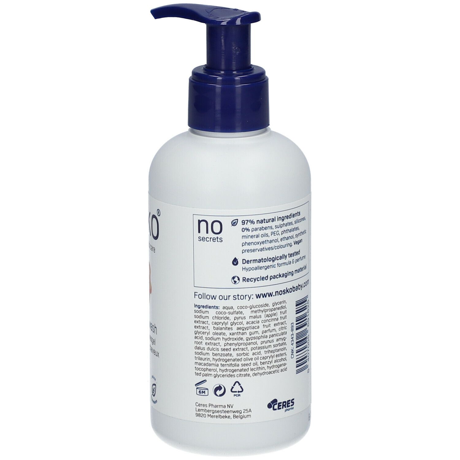Achterkant van de witte fles met blauwe pomp. Tekst in meerdere talen. Ingrediënten en certificeringen. Productnaam: body & hair wash.
