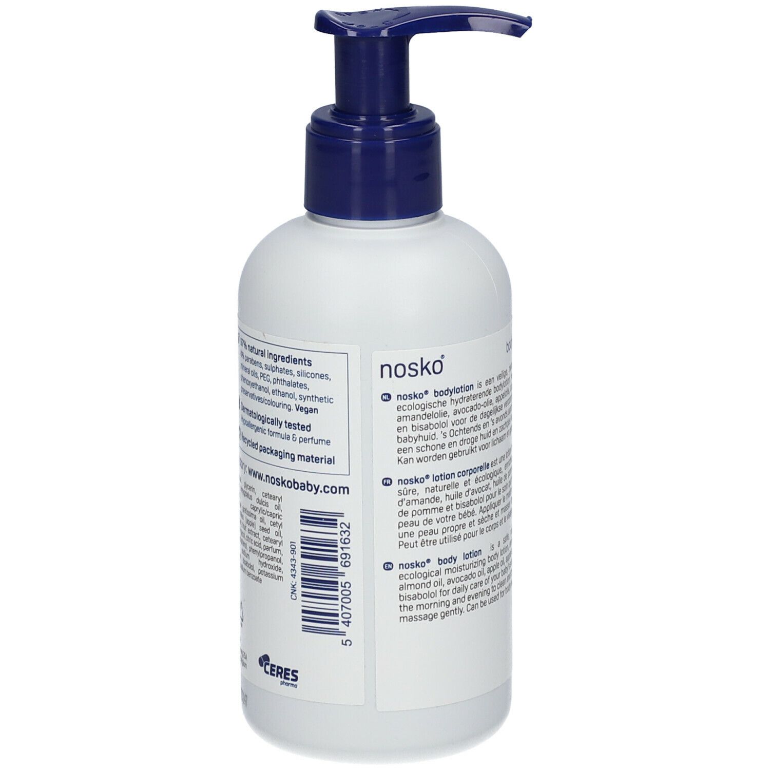 Witte fles met blauwe pomp. Tekst in het Engels. Ingrediënten en certificeringen. Achterkant.