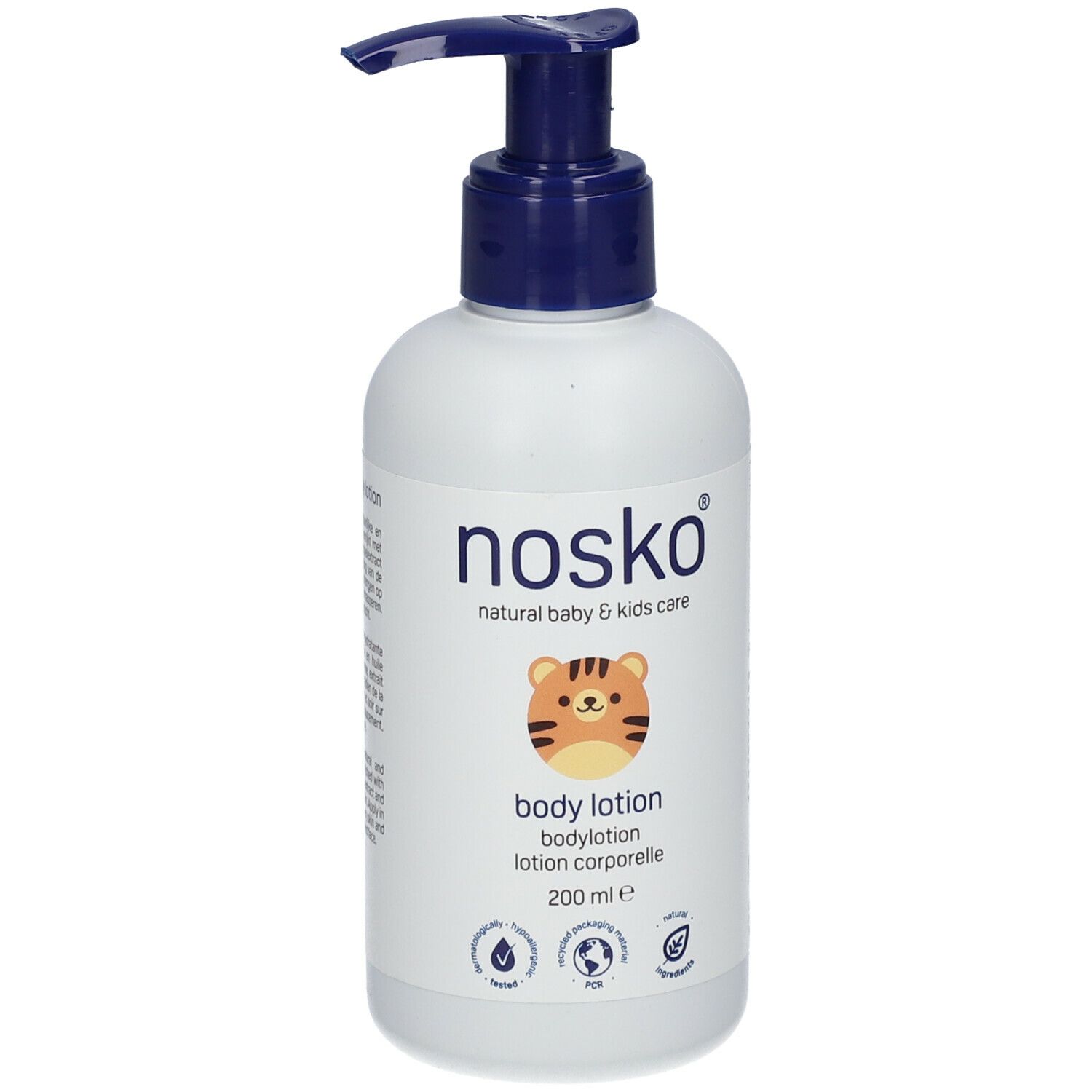 Witte fles met blauwe pomp. Opschrift: nosko®, body lotion. Illustratie van een tijger. 200 ml.