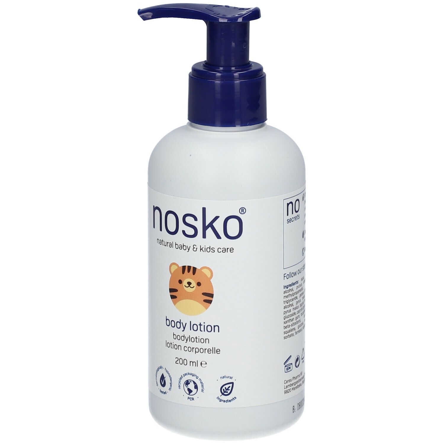Witte fles met blauwe pomp. Opschrift: nosko®, body lotion. Illustratie van een tijger. 200 ml.