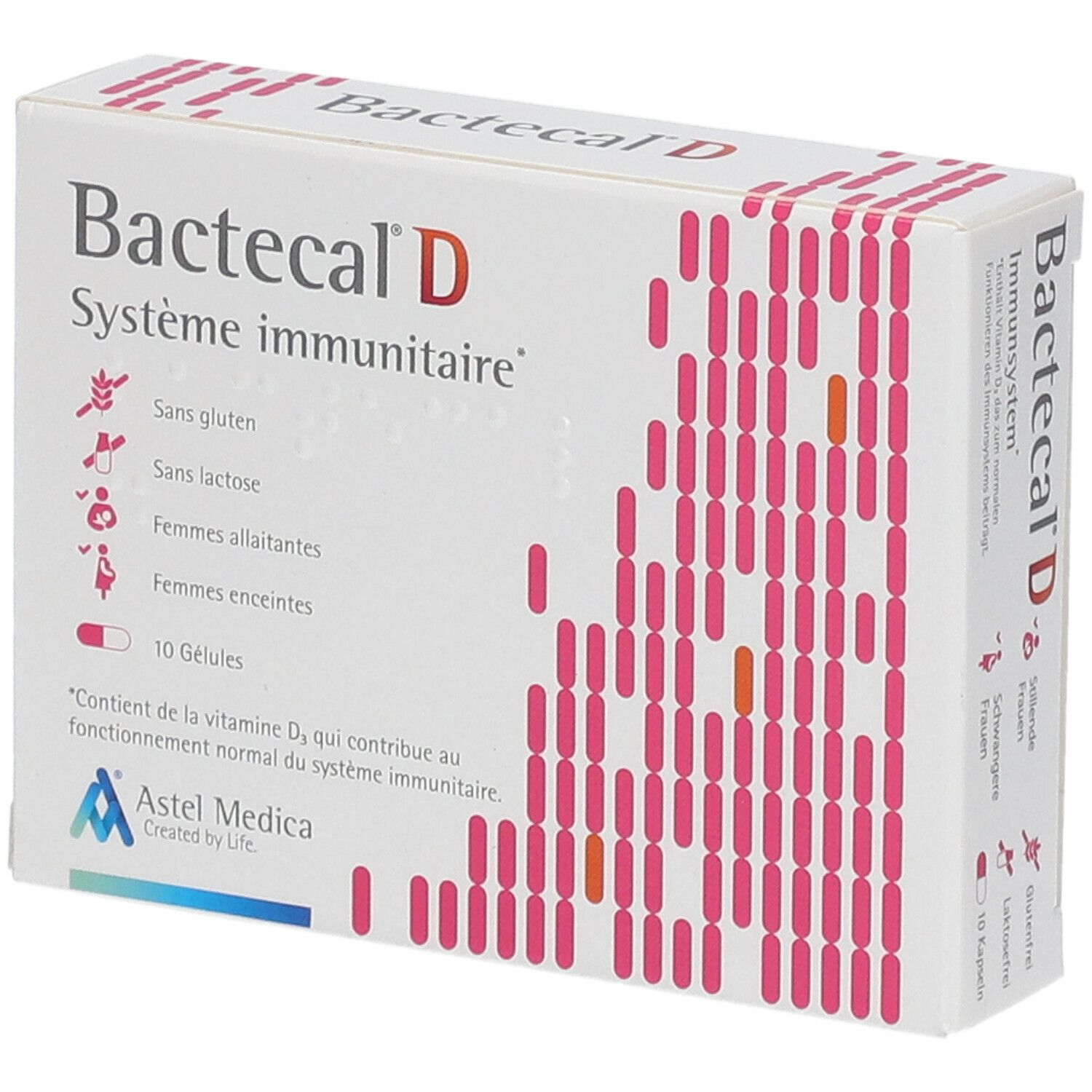 Boîte de Bactecal D. Inscription: Système immunitaire, 10 gélules. Logo Astel Medica.
