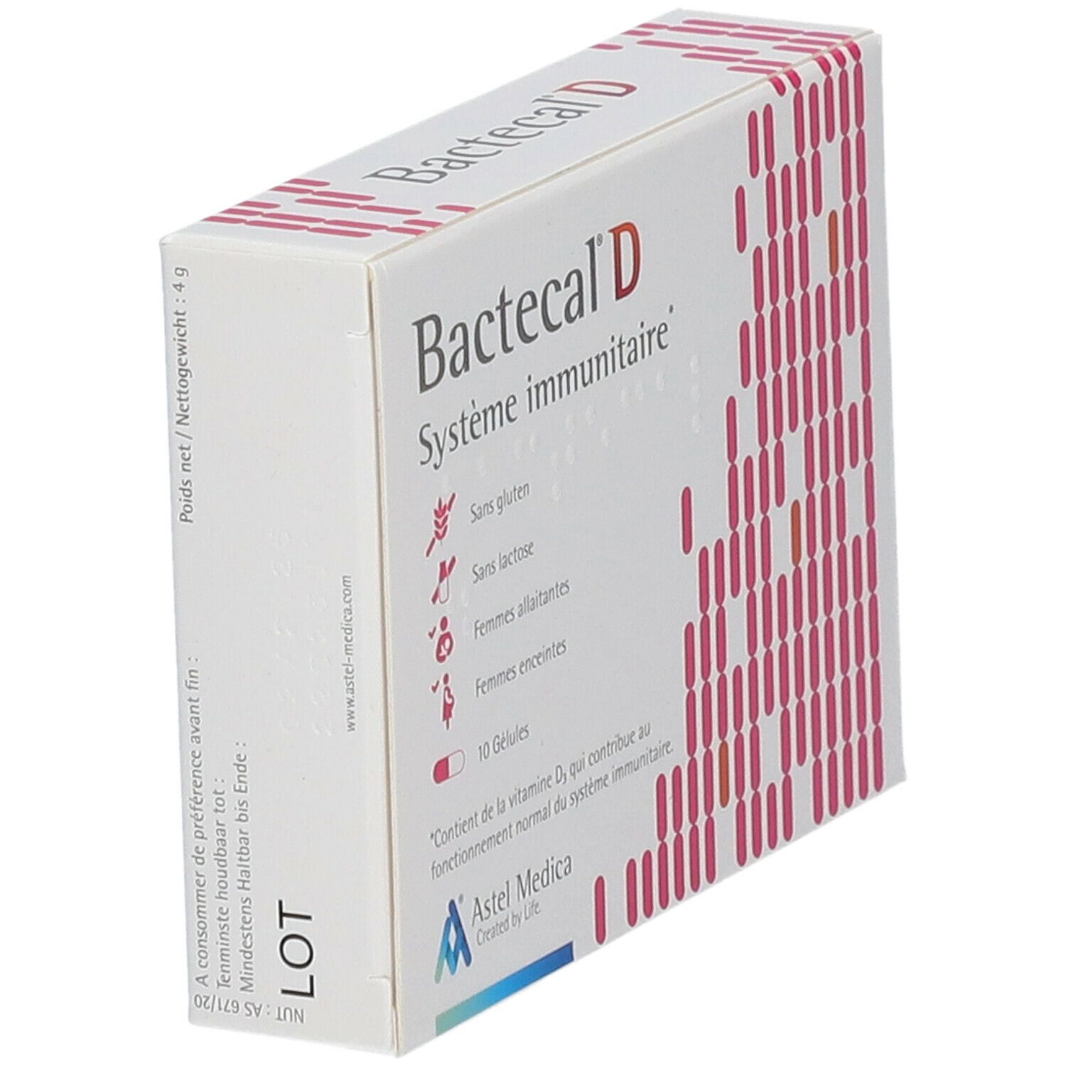 Boîte Bactecal D en biais. Inscription: Système immunitaire, 10 gélules. Logo Astel Medica. Texte: Contient de la vitamine D3.