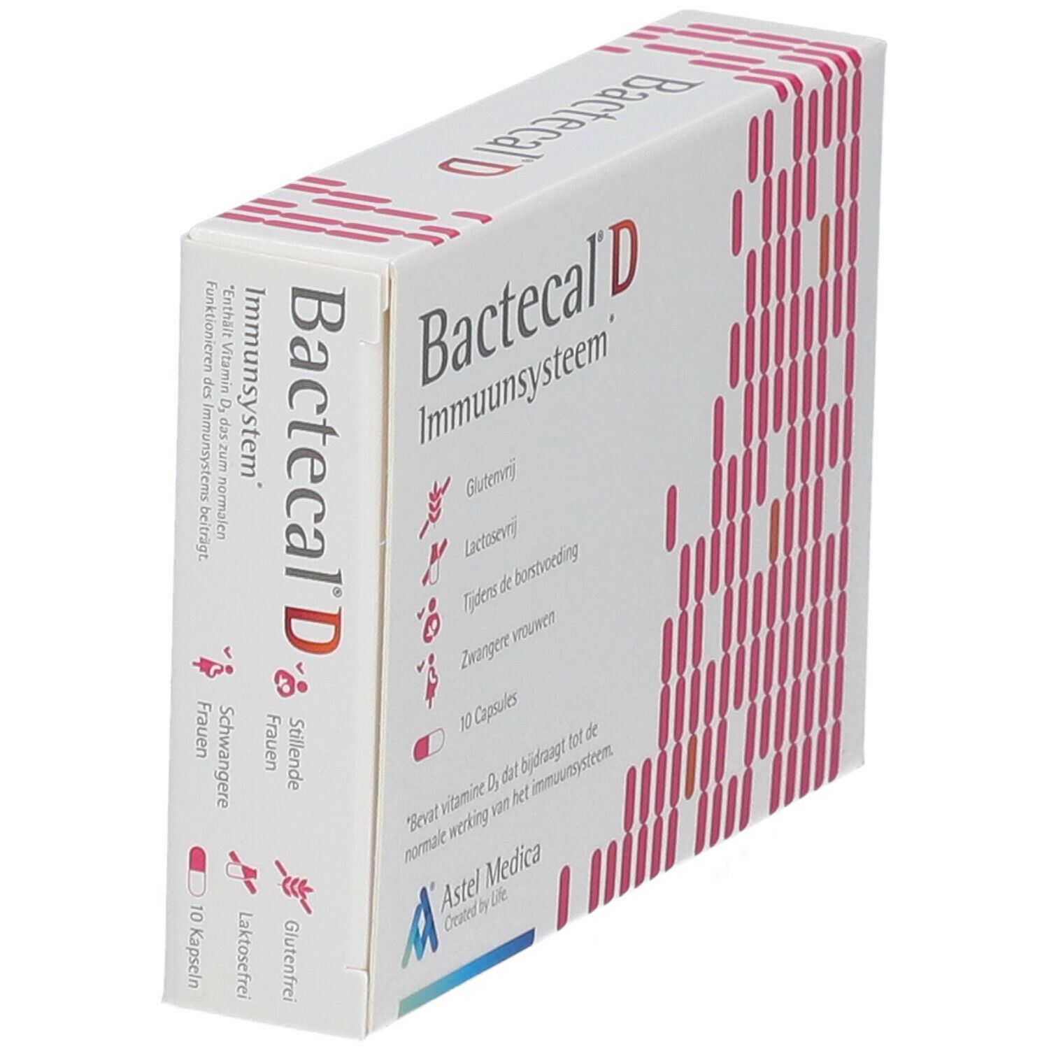 Boîte Bactecal D en biais. Inscription: Immuunsysteem, 10 capsules. Logo Astel Medica. Texte: Bevat vitamine D3.