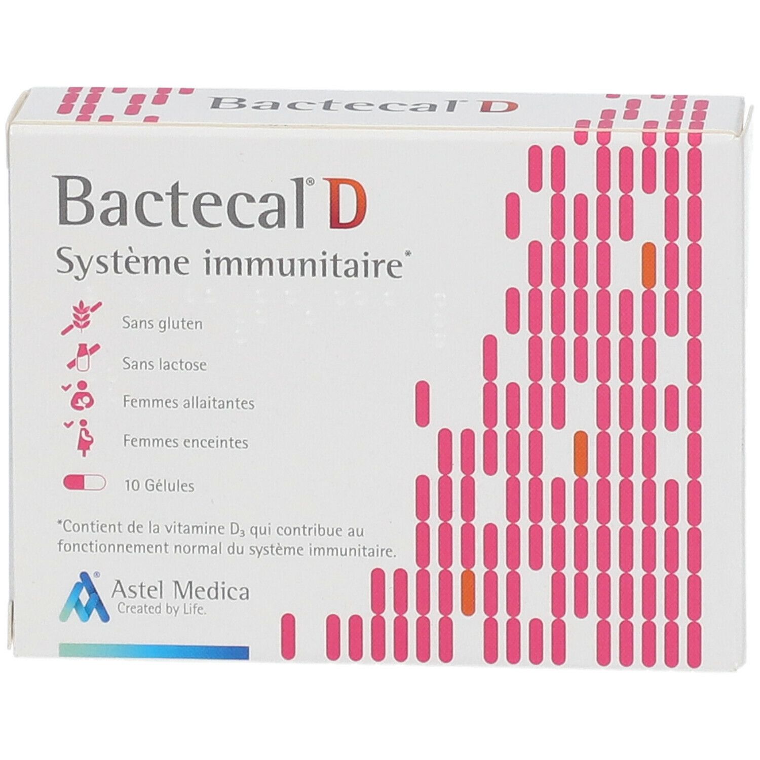 Boîte de Bactecal D. Inscription: Système immunitaire, 10 gélules. Logo Astel Medica.