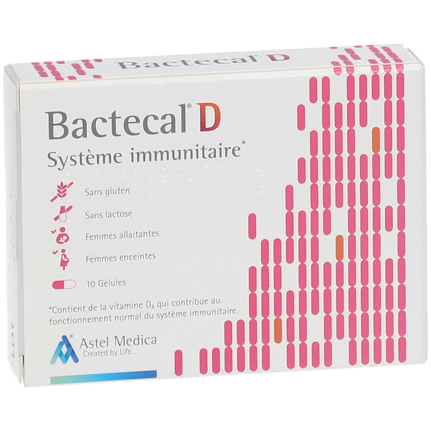 Boîte de Bactecal D. Inscription: Système immunitaire, 10 gélules. Logo Astel Medica.