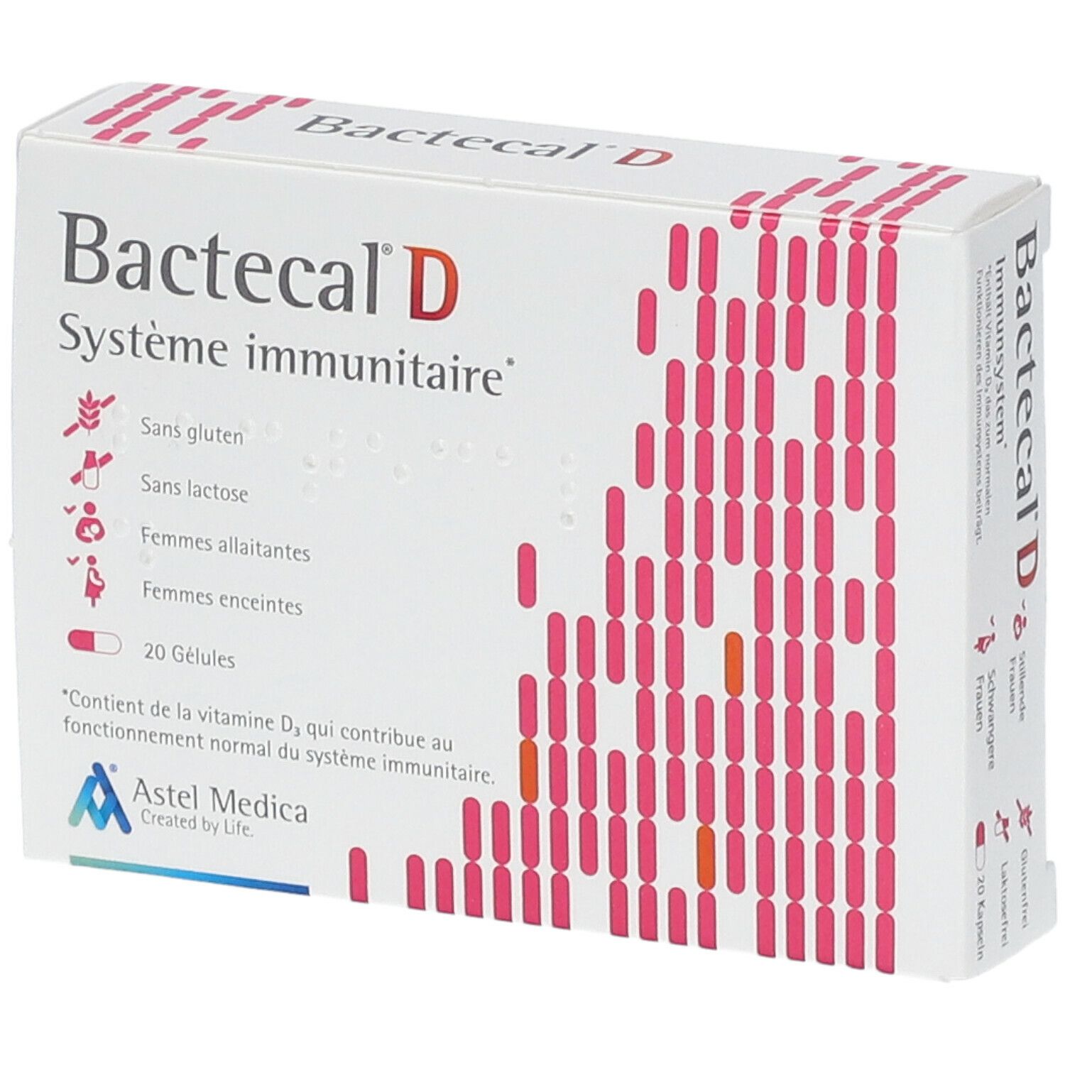 Kartonverpackung mit Bactecal D. Aufschrift: Système immunitaire, 20 Kapseln. Enthält Vitamin D3. Astel Medica Logo.