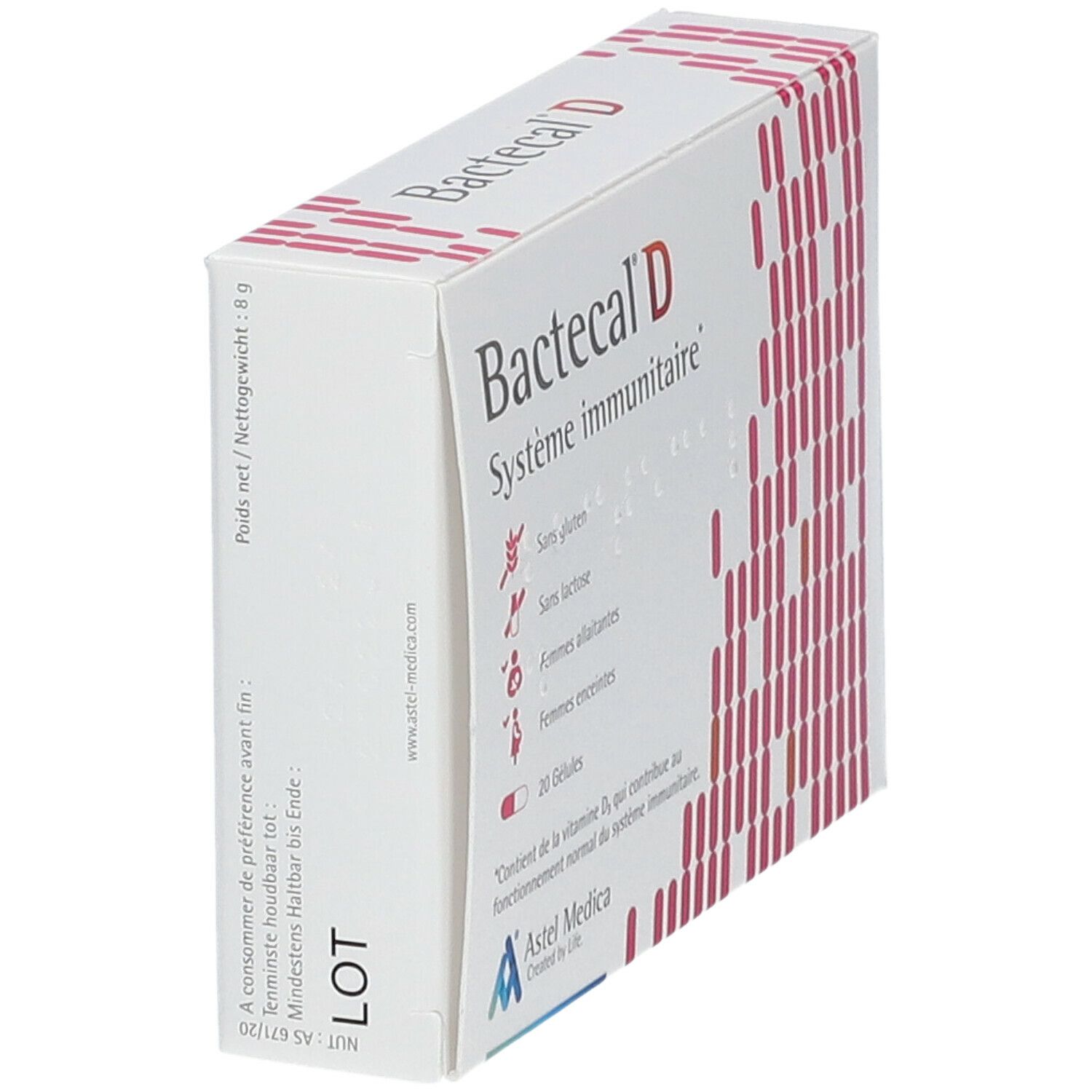 Schräg gestellte Bactecal D Verpackung. Aufschrift: Système immunitaire, 20 Kapseln. Enthält Vitamin D3. Astel Medica Logo. Haltbarkeitsdatum.