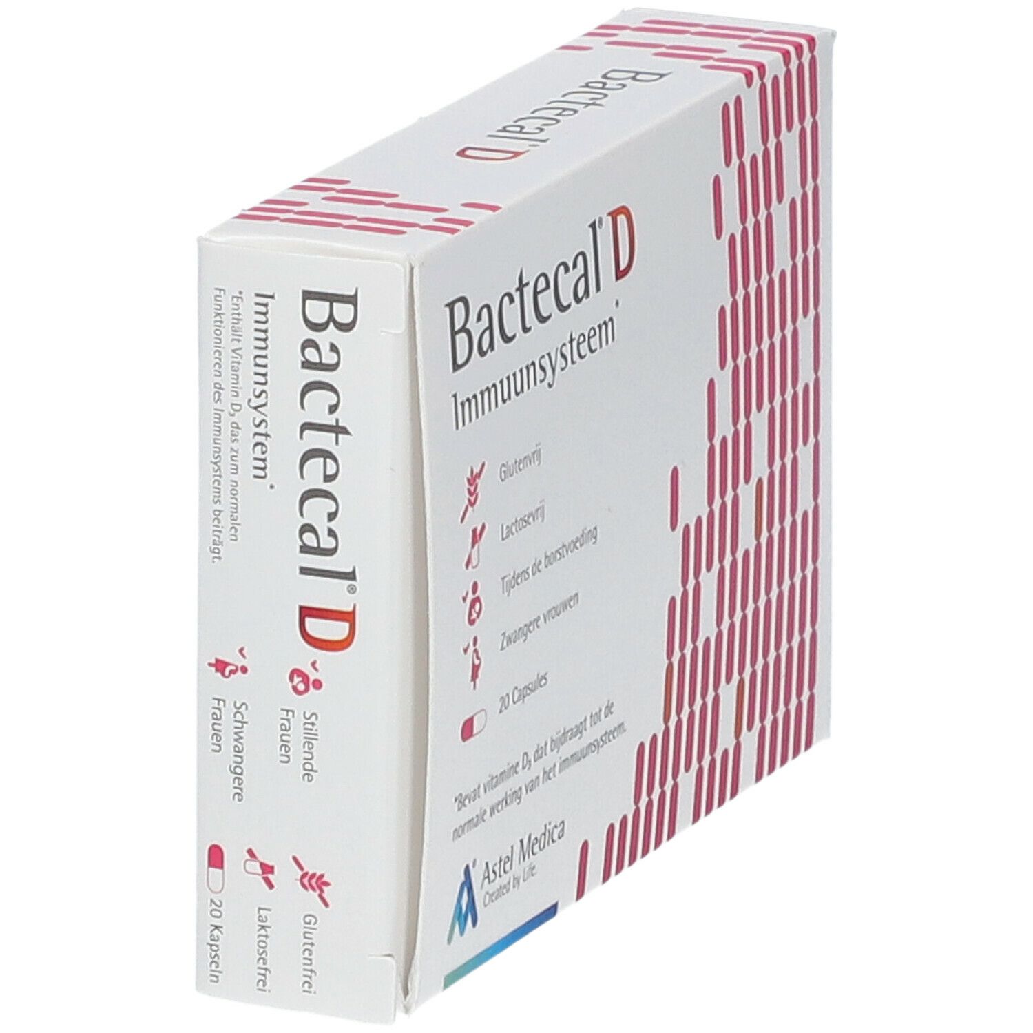 Schräg gestellte Bactecal D Verpackung. Aufschrift: Immuunsysteem, 20 Kapseln. Enthält Vitamin D3. Astel Medica Logo. Glutenfrei, laktosefrei.