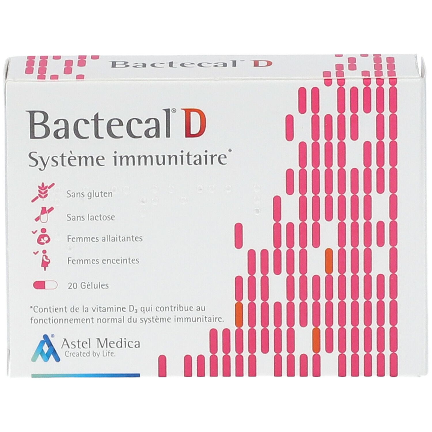 Kartonverpackung mit Bactecal D. Aufschrift: Système immunitaire, 20 Kapseln. Enthält Vitamin D3. Astel Medica Logo. Glutenfrei, laktosefrei.