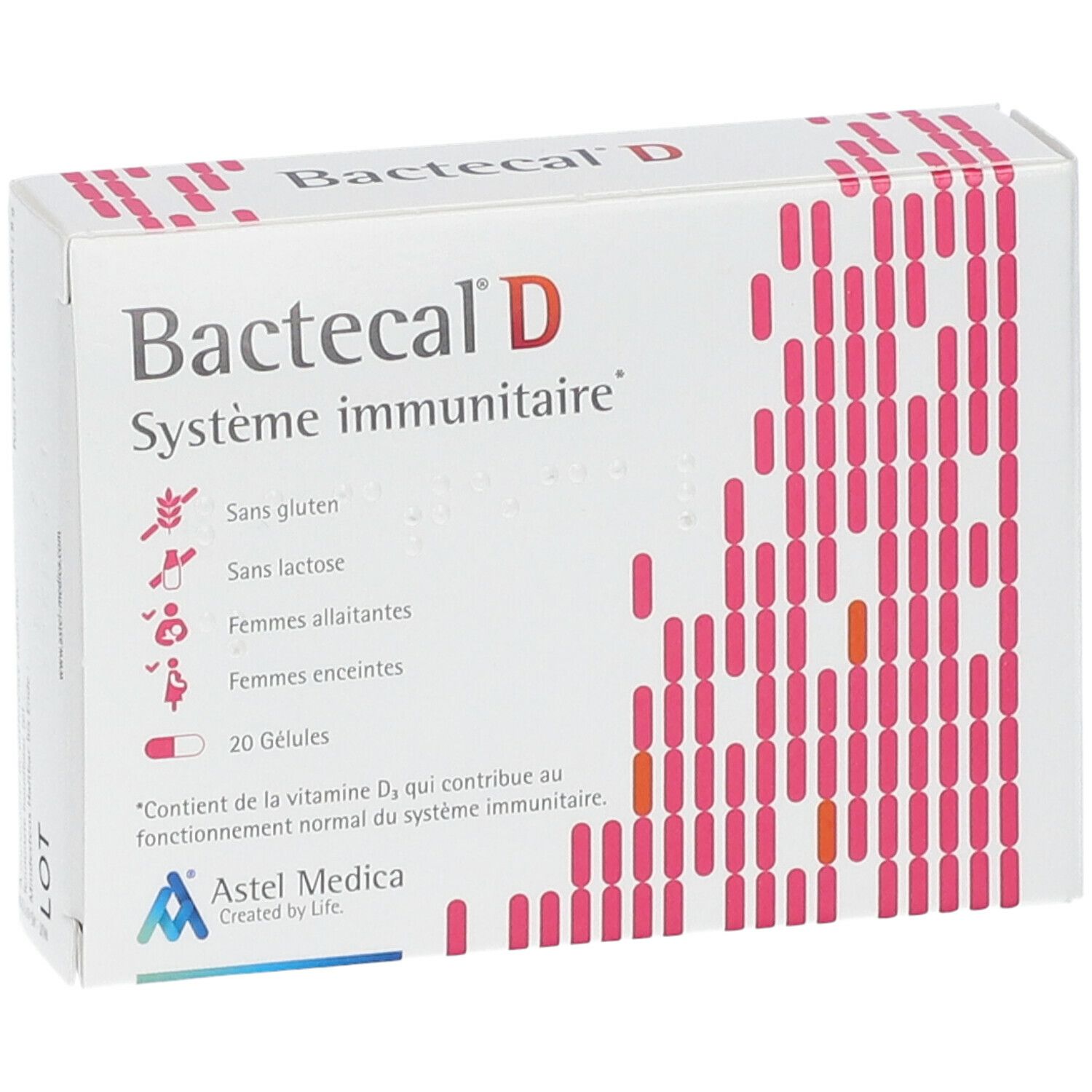 Kartonverpackung mit Bactecal D. Aufschrift: Système immunitaire, 20 Kapseln. Enthält Vitamin D3. Astel Medica Logo. Glutenfrei, laktosefrei.