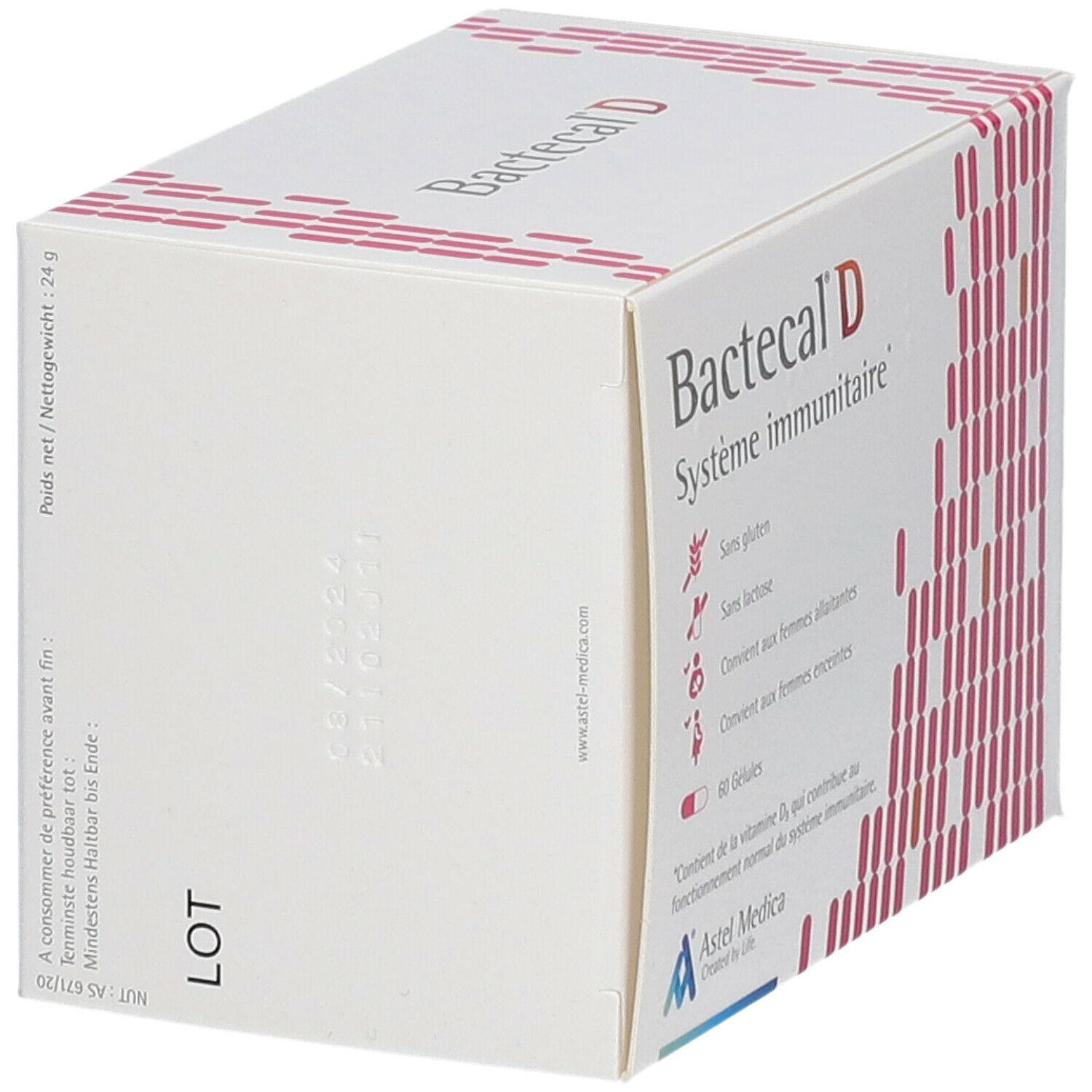 Witte doos met rode tekst Bactecal D, Système immunitaire. Bevat 60 capsules. Astel Medica logo.