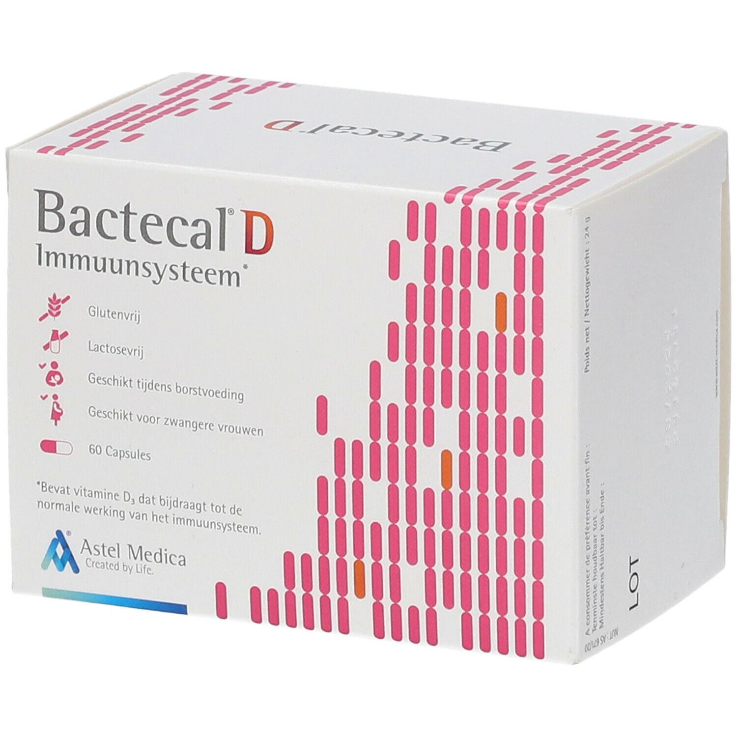 Witte doos met rode tekst Bactecal D, Immunsysteem. Bevat 60 capsules. Astel Medica logo.